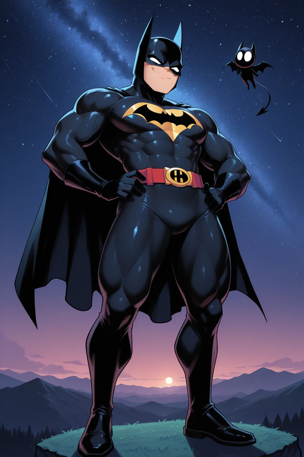 Batman, from front, super fine, lower body shot, middle-aged man, hunk, looking down and mouth wide open with shocked face, Batman's crotch get pinched by many people, Batman's crotch squeezed by many people,