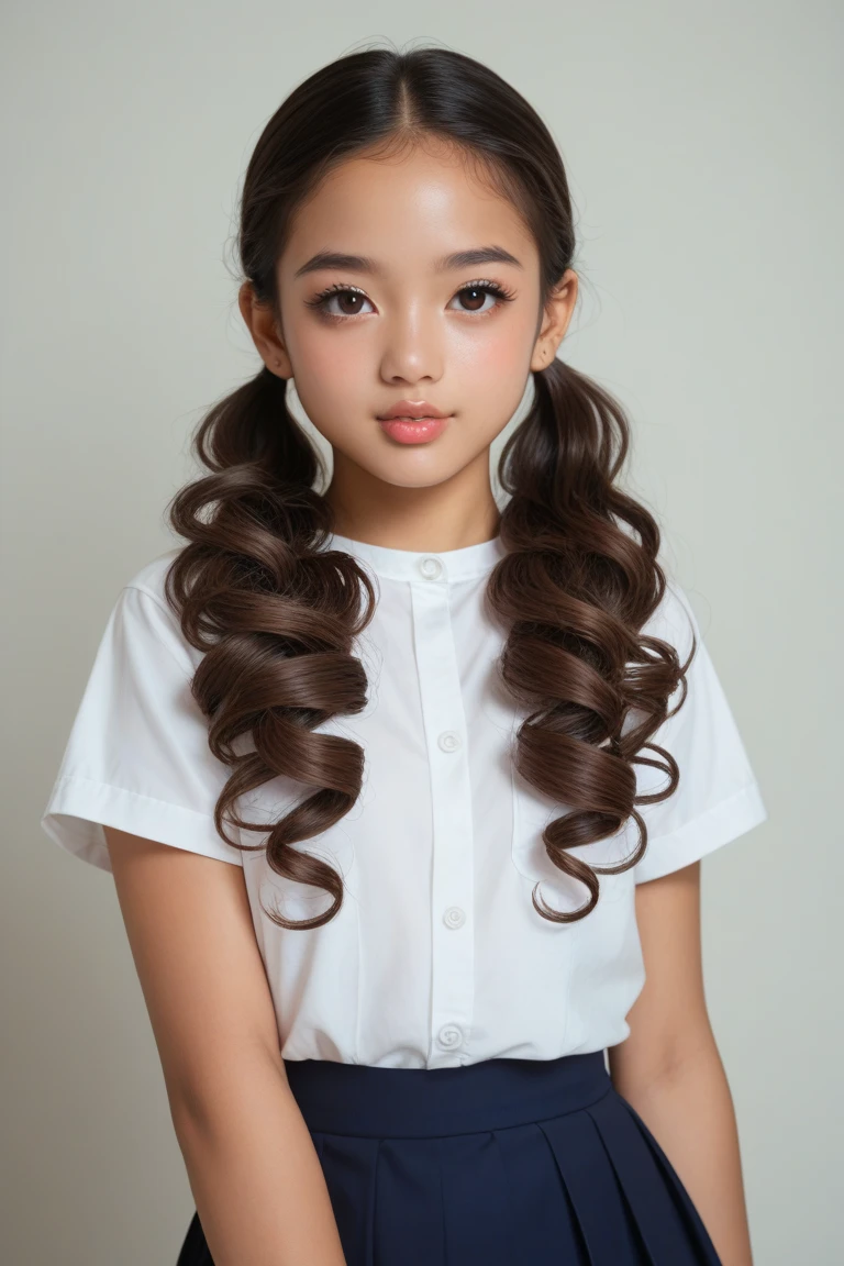masterpiece, best quality, realistic, girl child dark hair of bun, long hair, SILVER JACKET, broad shoulders, small head, upper body, (white background: 1.3), mouth closed.