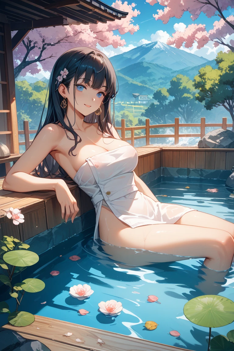 1girl, breasts, moon, lantern, night, solo, large breasts, hair ornament, wet, kimono, japanese clothes, wading, water, hair flower, flower, outdoors, sky, full moon, rain, black hair, off shoulder, mountain, cloud, holding, sash, bare shoulders, paper lantern, standing, white kimono, night sky, sideboob, obi, wet clothes, bangs, tree, from side, reflection, short hair, cloudy sky, wet hair (((masterpiece),(extremely detailed CG unity 8k wallpaper),best quality,,solo,1girl,cinematic lighting,detailed background,beautiful detailed eyes,bright pupils, (an extremely delicate and beautiful),(Beautiful and detailed eye description), ultra-detailed,masterpiece,)),
