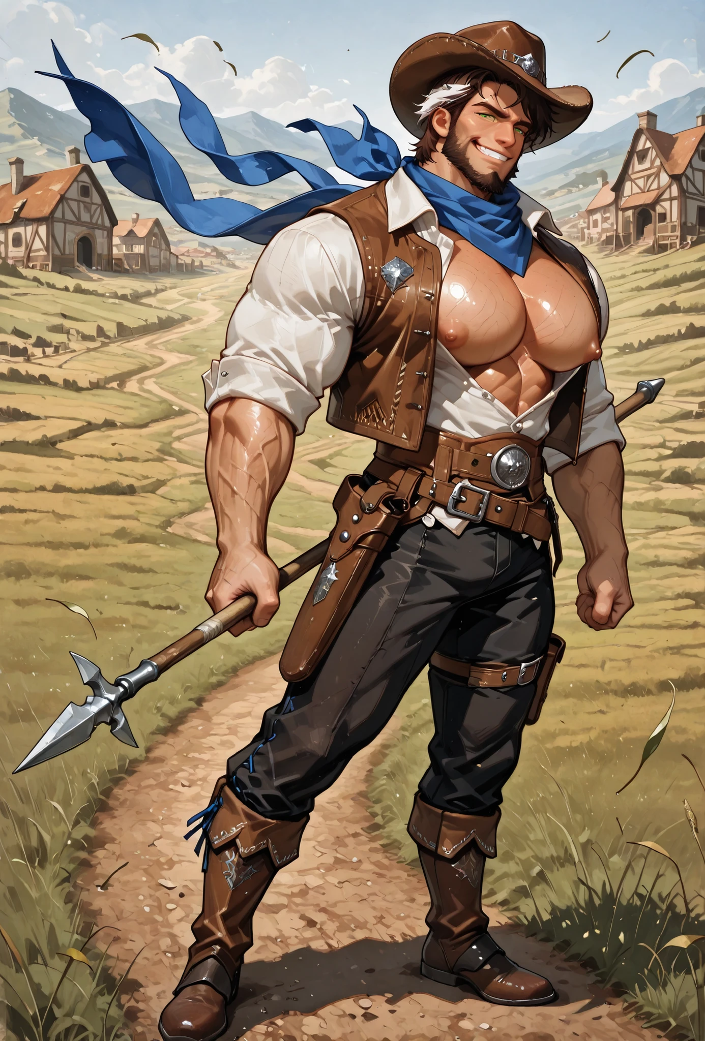 score_9, score_8_up, score_7_up, solo, male focus, mature male, duo, 2boys, knight, beard, mustache, brown eyes, charming, <3, leaking precum, smile, cowboy hat, partially retracted foreskin, flaccid, ball grab, outdoors, armor, looking at viewer, shoulder armor, (small waist:1.1), (big pecs:1.1), pec window, cleavage cutout, closed mouth, low-angle view, pauldrons, night, night sky, standing <lora:last:0.86>