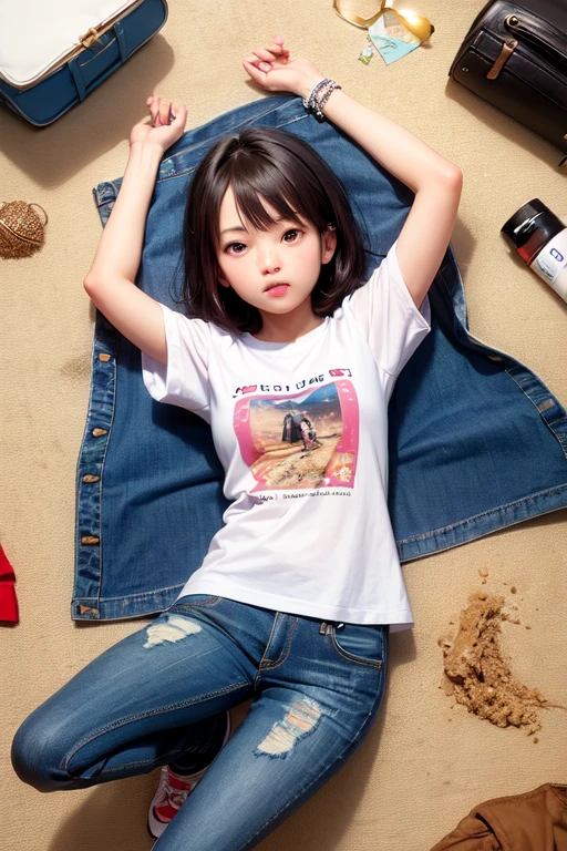 masuter piece、top-quality、masutepiece、girl sleeping on tatami、Lying on tatami mats、Eyes closed、bad sleep stages、((A 12-year-old girl))、Childish clothes、Plain clothe、denim skirt、a miniskirt、Full body shot,Realistic system