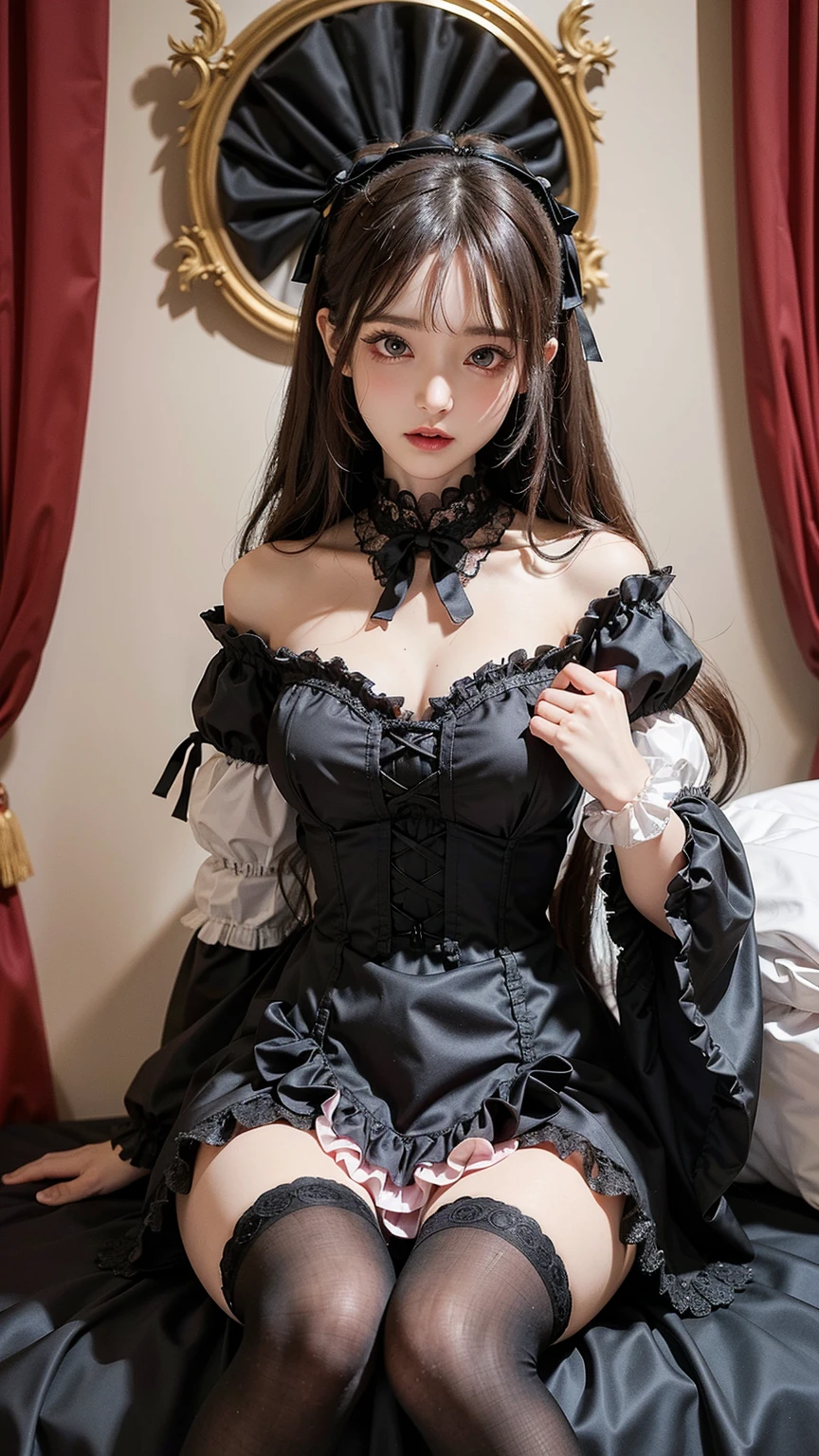 sexy stylish Spanish model, only 1 female, ((doll-like appearance)), ((ultra detailed Victorian-Style boots)), beautiful smile, ultra detailed eyes, vivid eye makeup, lipgloss, long lashes, defined eyebrows, ((sexy Paradise Kiss cosplay)), bell-shaped skirt, petticoats, high neckline, puffed sleeves, (( ultra detailed lace)), ((ultra detailed embroidery)), intricate details, Paradise Kiss accessoires and matching headpiece, choker, ((large sparkling Paradise Kiss jewelry)), cinematic light, detailed large park background with trees