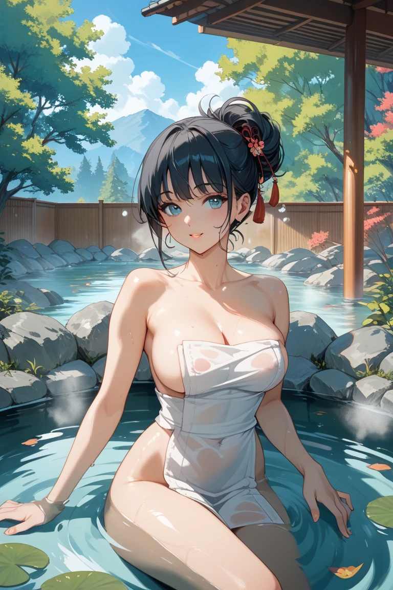 (perfect anatomy:1.2)(absurdres, highres, ultra detailed),masterpiece,best quality,high resolution,8k,Realistic face,Realistic skin texture,magnified textures, stunning clarity,detailed anime girl,(ultra detailed eyes and face),,black hair,(single bun),pale skin,Japanese shrine maiden, mysterious eyes,thin body type,big breasts,small ass,(expressionless:1.2).(onsen:1.5) in Steampunk in the Edo Period、(Vivid hieroglyph signs and street advertisements:1.2)hieroglyph,Delicate atmosphere、sitting,midnight,3688259726
