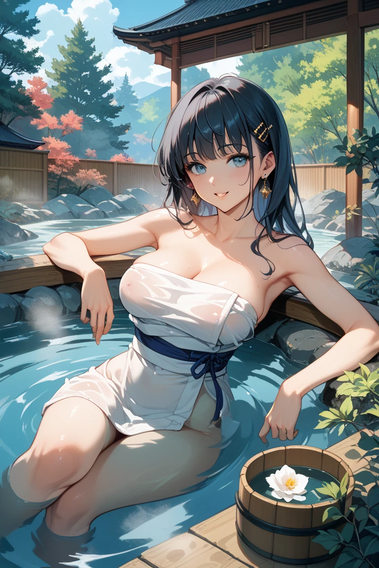masterpiece, Highest quality, (anime screencap:1),(shape), cute,(Simple:1), (anime:1.2),Solo Sharp Focus, 1 Girl, Cleavage,Looking at the audience, Japan,hot spring,(Medium chest:1.1),,(Hold 1'Thighs:1), (liar:1.2),pink color,Twin tail hair,Puffy eyes,hot spring,in the evening,Small nipples,cute eyes,naked towel,