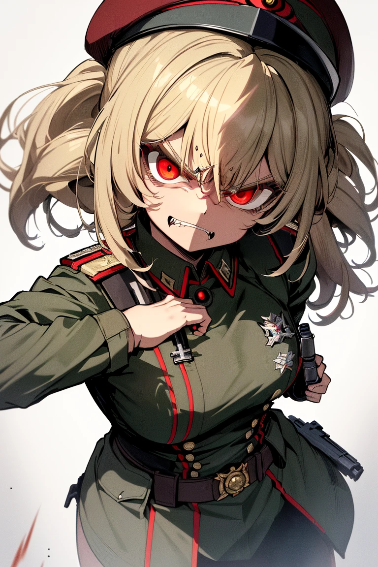 (masterpiece, best quality: 1.1), 1girl solo, tanya, 1girl, solo, , flat chest, small breasts, curvy, military, military uniform, ,, evil smile, wicked expression, anger, red eyes, neutral lighting