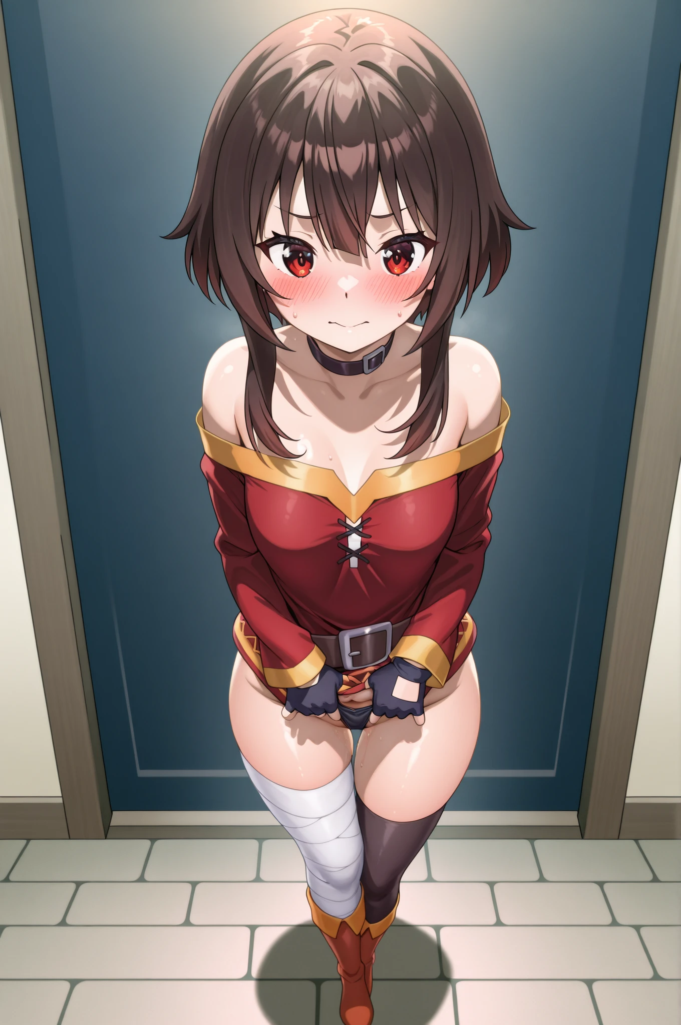 Taeko Kondo、Girls&Panzer、Brown Hair、Short Hair、((Thigh-high boots))、Photo from below、Medium chest、Bedroom、(Doronjo)、Red ribbon、Black gloves、leotard、