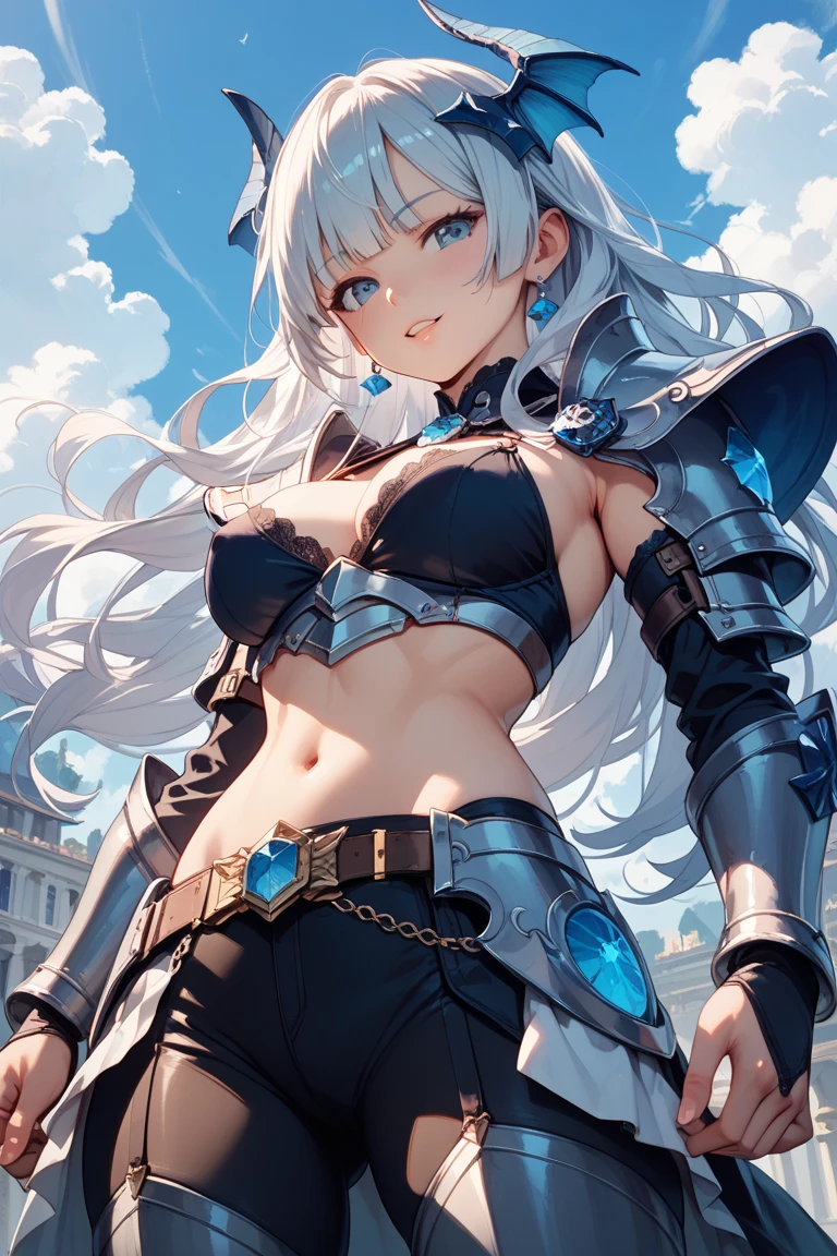 ((Clear Blue Sky)), absurderes:2.0, Unity 8K Wallpaper, Masterpiece, detailed hair, Realistic face, high detailed eyes, Realistic skin feeling ,high detailed eyes, highly detailed, realistic glistening skin, detailed background, realistic, oily skin, (high-key lighting、Front Light:1.3, dramatic angle), (solo, sexy ,25 year old elf, bikini+armor、medium breasts),