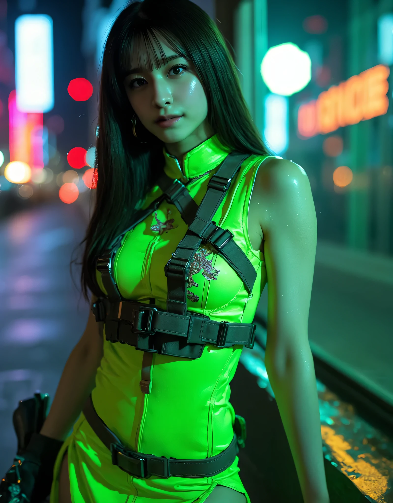 (8k, RAW Photos, highest quality, masterpiece:1.2), (Realistic, photo-Realistic:1.37),(Japanese female models), (Green Neon),(cyber punk),Wearing a see-through rubber suit,