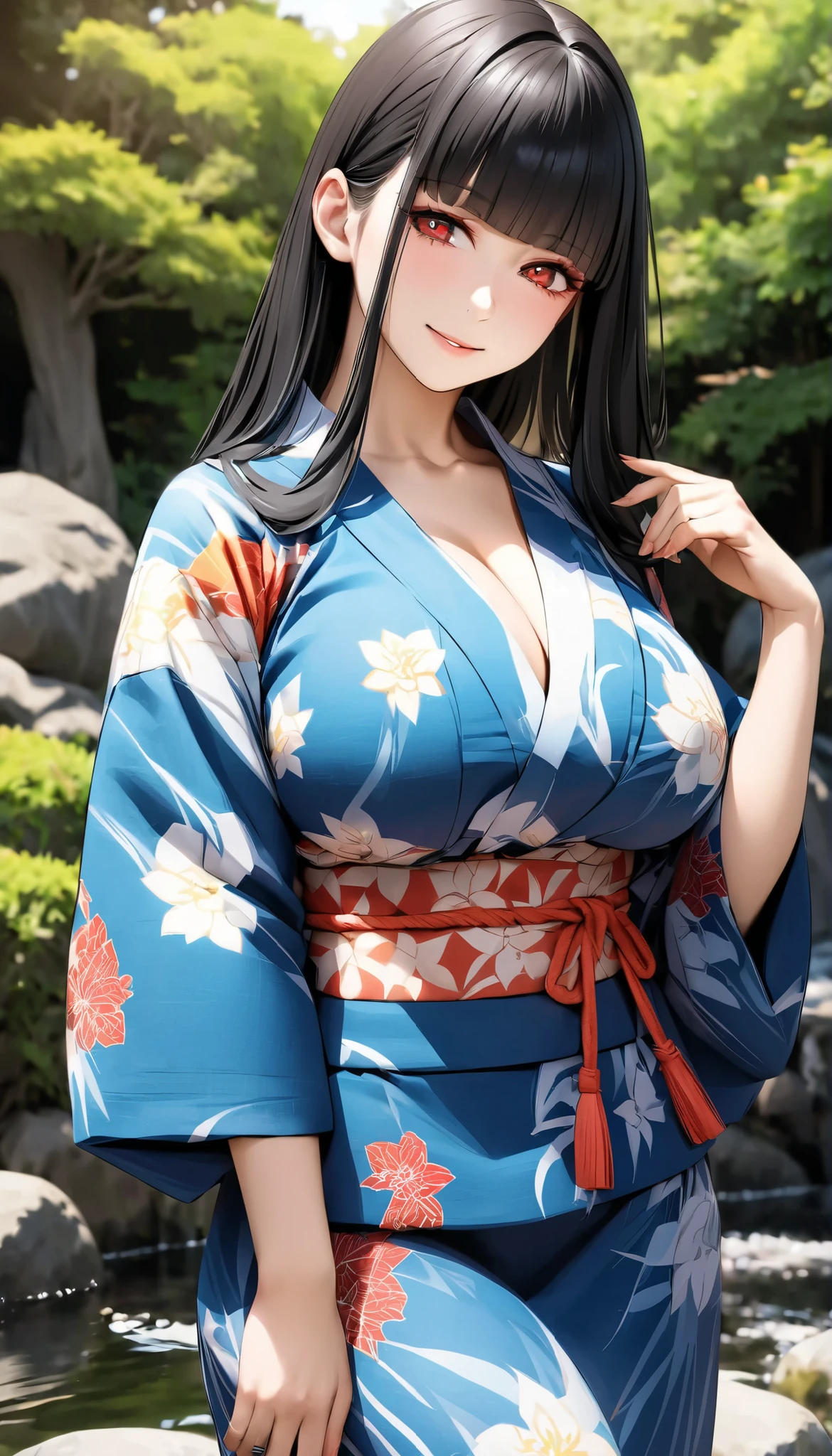 (masterpiece, 8k, ultra high resolution, Ridiculous:1.2), One Japanese Woman, (Long dark hair, Blunt Bang), Beautiful character design that stretches the face and body, perfect contrast, anatomically accurate, perfect face, beautiful and delicate eyes, with tongue sticking out, Red Eyes, provocative smile, (summer, bright colored yukata), big boobs, thin waist, wide hips, Age 19:45, model-like pose, In the Japanese garden