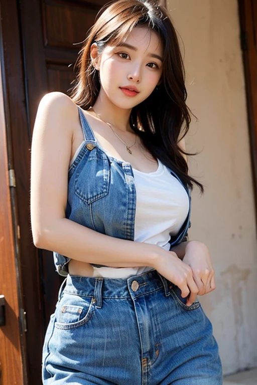 Create an ultra-realistic image of a 21-year-old Japanese woman named Kotone wearing a denim outfit. She has extremely long, perfectly straight black hair that flows down to her waist, with blunt bangs that cover her forehead. Her eyes are large, enchanting, and have double eyelids with sparkling black pupils, giving them a captivating and youthful appearance. Her face is delicate and innocent, with very thin eyebrows that frame her large, childlike eyes. She has a small mouth with sexy lips, and her skin is smooth and flawless, resembling snow in its pure white color. She has a slender and well-proportioned body with a shapely bust size of 95 cm, a height of 158 cm, a weight of 43 kg, an ideal waist size of 58.46 cm, and an ideal hip size of 86.73 cm. Her complexion is flawless, without any wrinkles, and her natural makeup enhances her features subtly, maintaining a fresh and youthful look. She embodies a perfect balance of youthful charm and mature elegance, with a cute and innocent smile that adds warmth and affection to her appearance.
Kotone should be depicted facing forward, with her body positioned to emphasize her front. Her long black hair should flow naturally over her shoulders, framing her face and upper body. She is wearing a stylish denim outfit, which could include a fitted denim jacket paired with denim jeans or a denim skirt. Her pose should be confident and relaxed, with her arms gently at her sides or holding a small accessory, such as a handbag or sunglasses. Her expression should be warm and inviting, with a friendly smile that captures her youthful charm. The lighting should be soft and natural, focusing on her front and emphasizing the smoothness of her skin and the delicacy of her features, creating a sense of depth and realism. The background should be simple and neutral, ensuring that every detail of her appearance and the denim outfit is highlighted.