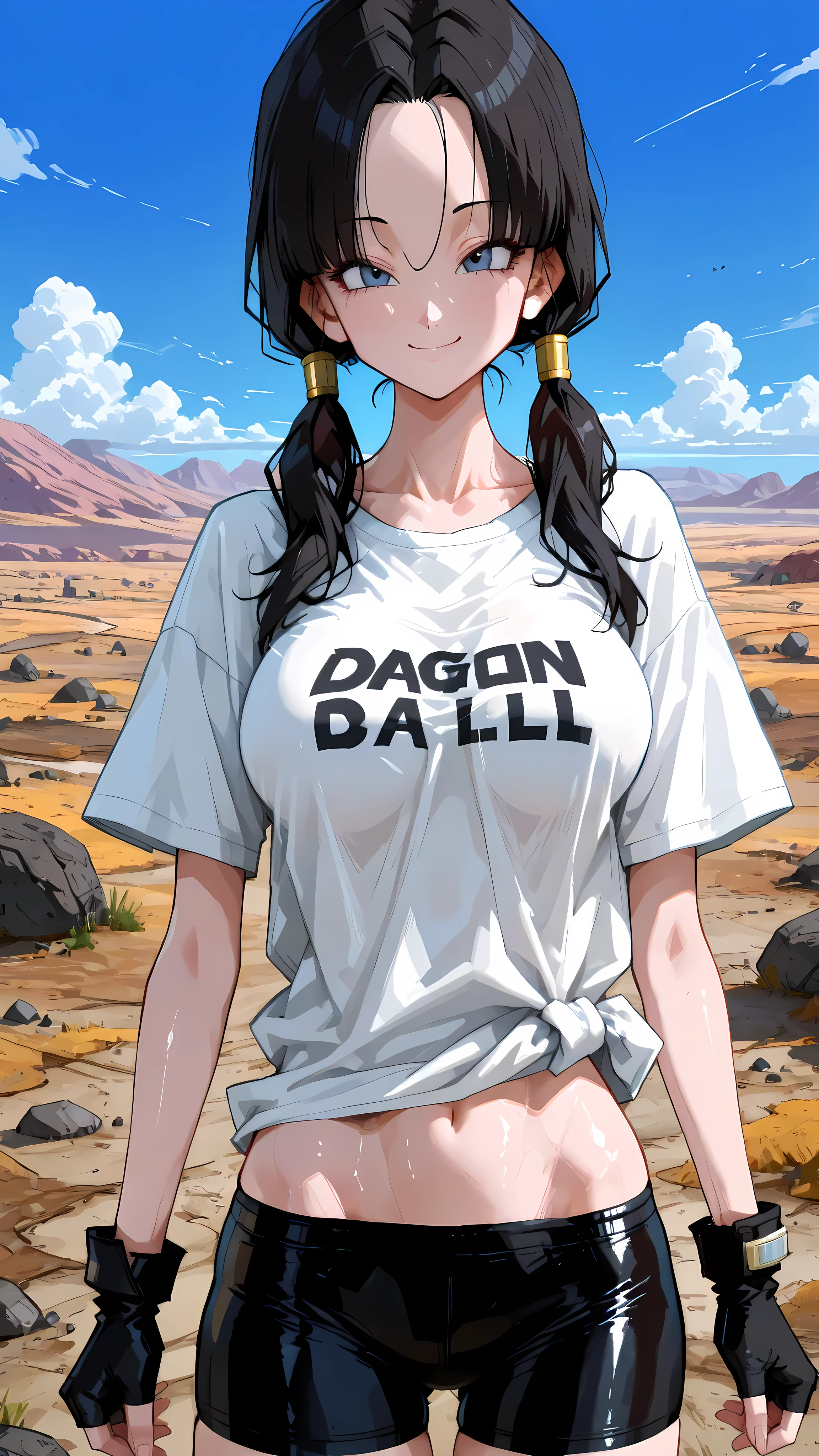 (masterpiece,best quality:1.2,amazing quality,very aesthetic, absurdres,newest) ,YamamotoXLP,,
, Videl, dragon ball,black,1girl,solo,(ideal ratio body proportions:1.2) ,(slender body:1.2, skinny:1.2), medium,breasts,black hair,parted bangs,low twintails,smile,white T-shirt,oversized T-shirt,black compression shorts,black fingerless gloves, gleaming skin,A rocky tract,wasteland,blue sky,daytime,