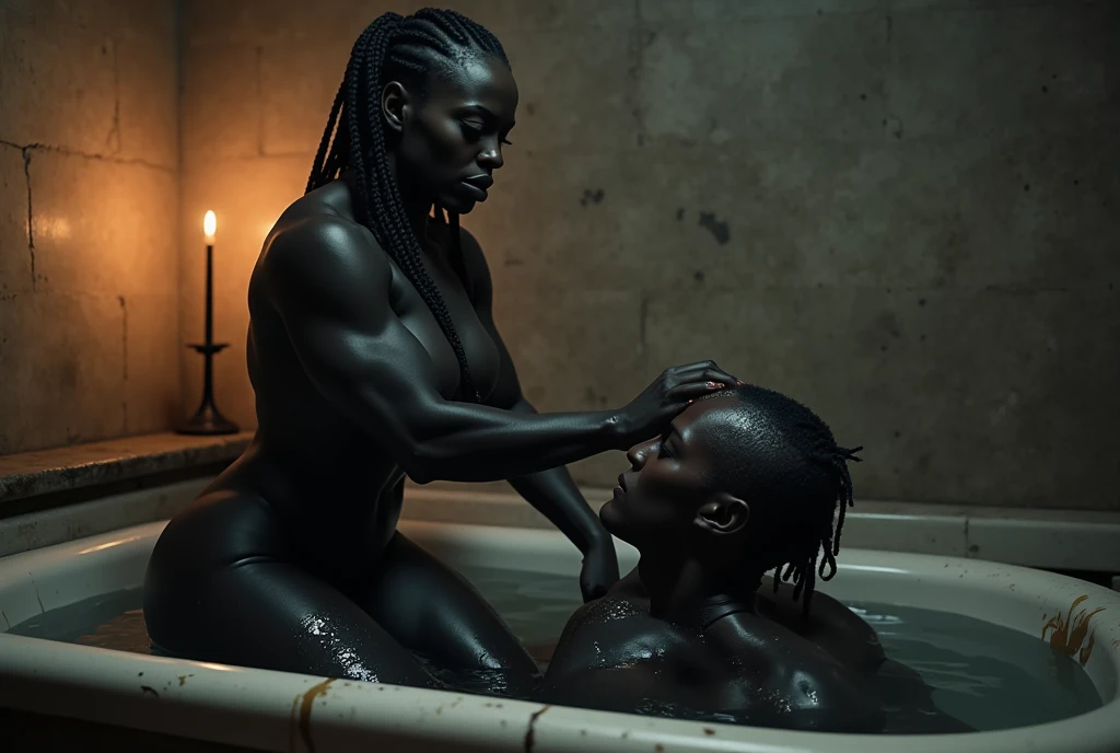 photorealistic, African American couple, one man and one woman kissing, kissing, licking skin, dreadlocks or braids, beautiful, ????, (Best quality, 8k, 32k, Masterpiece, UHD), ??????, ????????, ?????, 32K wallpaper, luxury bathroom background, in bath tub, (the woman has a big ???, voluptuous, and thick body figure), big lips, oily skin, nighttime, candles and roses around, sweaty, dripping wet, passion, affectionate