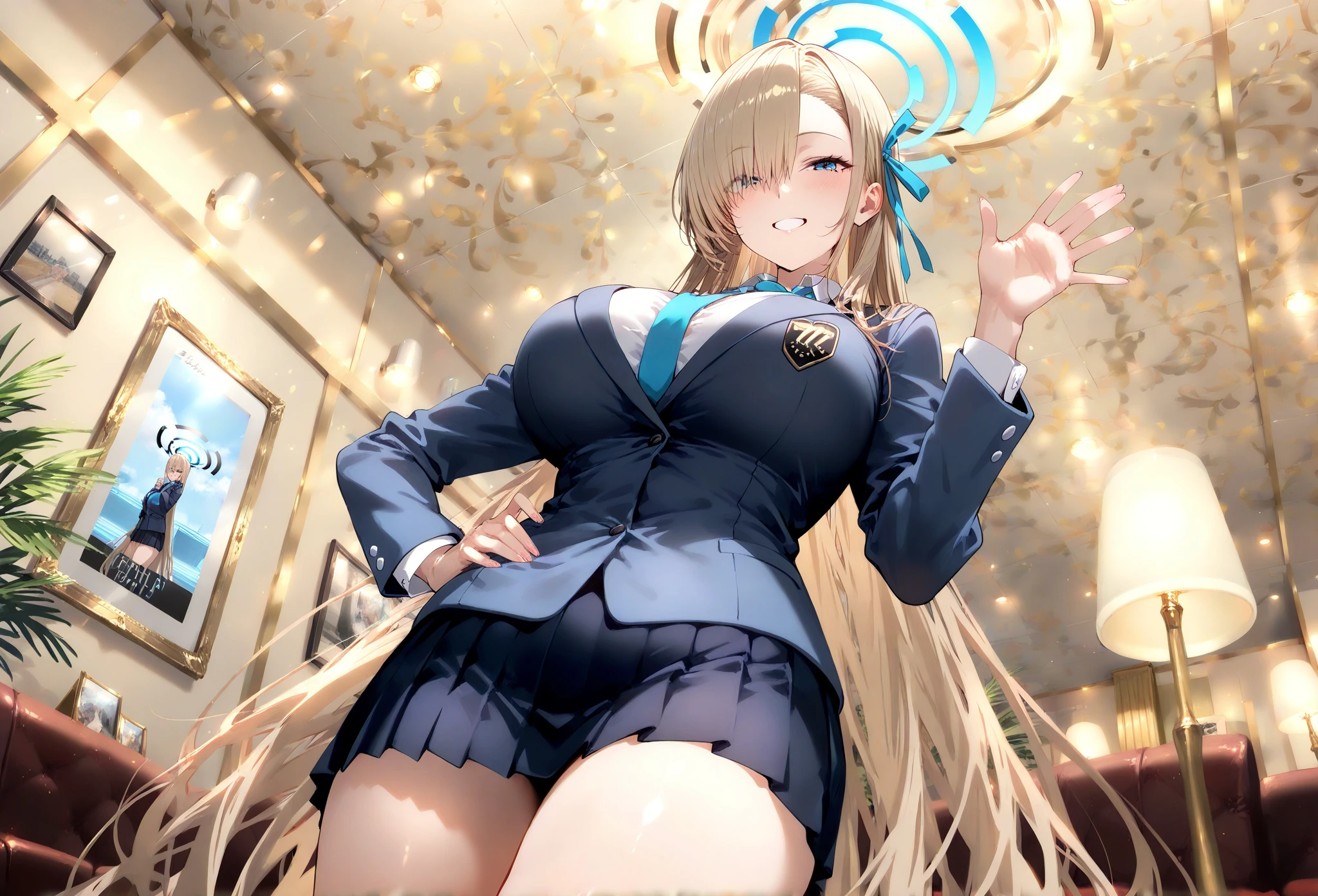 (Highest quality、Very detailed、Ultra-high resolution) 、(1 girl、17 years old、Mature), blue eyes、smile、((Blonde))、Semi-long hair、Beautiful breasts、(suit:1.4), T shirt, High heels, earrings