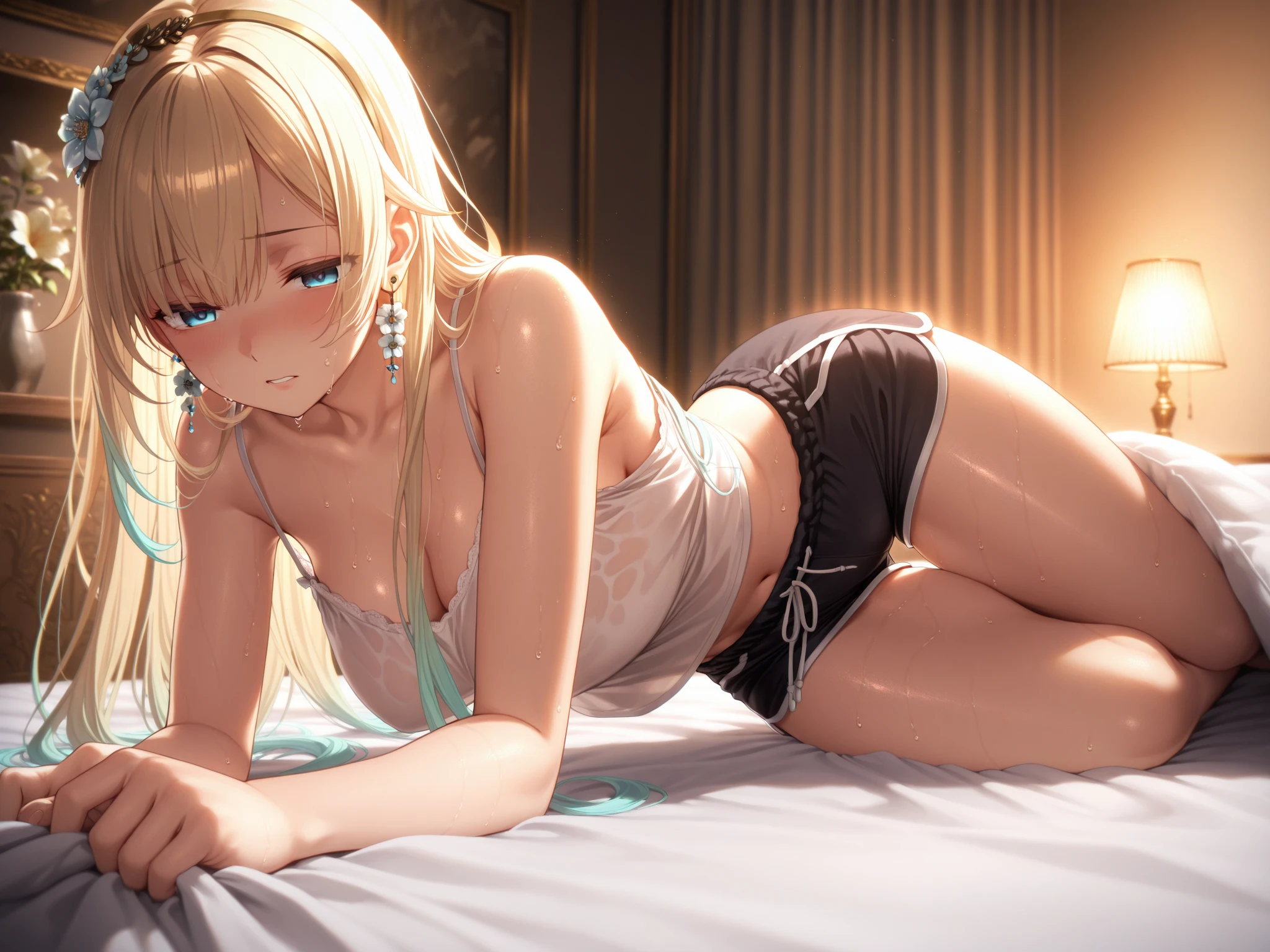((Best Quality)), (ultra-detailliert), ((Extremely detailed)), (Beautiful), ((Kawaii Girl)), ((UHD)), (masterpiece), (high quality), (best quality), (4K), (high quality), 1, solo girl, 1girl, ((platinum blond hair)), parted bangs, ((hair intakes)), long hair, (hair two side up long), ((jade colored eyes)), slanted eyes, medium breasts, slender body, lite blue, babydoll trimmed with lace, side tie panties, garter belt, crawling position, bedroom, anime