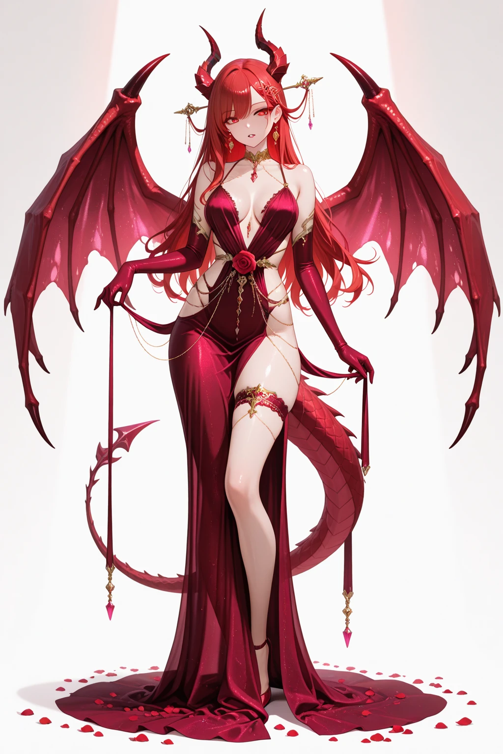flaming red dragon girl with wings, perfect hands, golden shine, fictional figure body hands on waist