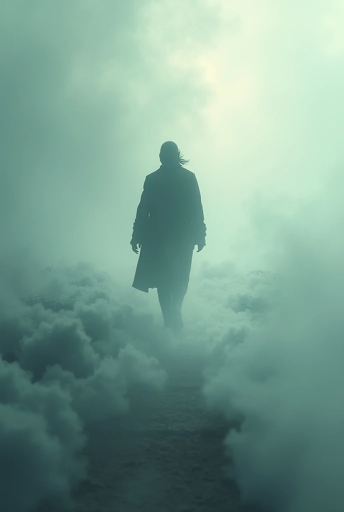 an atmospheric photograph of a dark silhouette of a man floating in the air, floating over a building, surrounded by dirty liquid particles, cinematic, vintage film, (Surreal, melancholic, dystopian, Desaturated Color, Atmospheric Perspective, Silhouette, volumetric lighting, lifted black),