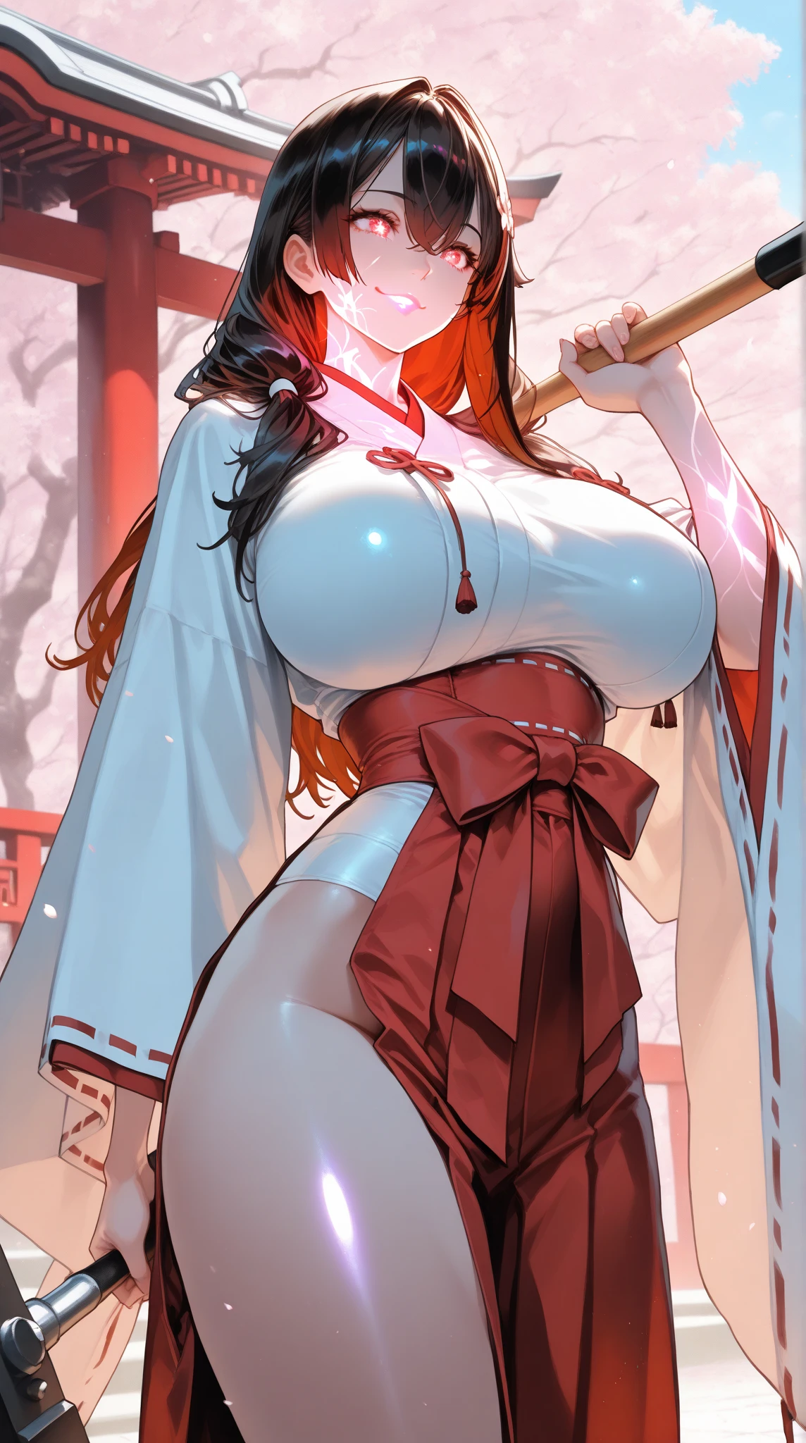Highest quality,High quality facial beauty, Ultra-high resolution, 8k, Ultra-high definition 4K, Perfect ???????, The three pure shrine maidens, Detailed shrine maiden costume, Dynamic composition,  In the Storm, Big Breasts, Soft Skin, Glowing Skin, Bright lighting, 非常に激Shii雨, god々Shii, Professional photography techniques, Stretching oneself