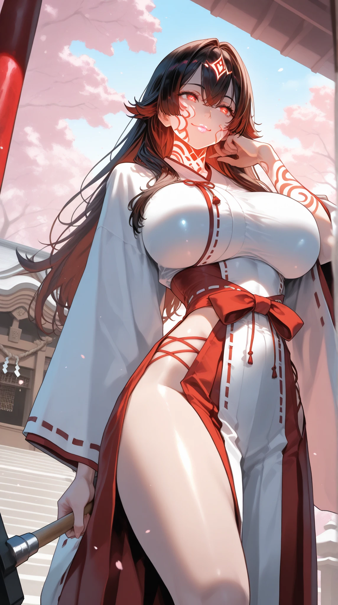 ((best quality)), ((masterpiece)), (detailed), perfect face, girl, dark red hair, long hair, thigh high, shrine maiden, Miko priestess, garter belt, onsen theme, hands on hips, long skirt, hair in bun, hair glowing, hair in bun,