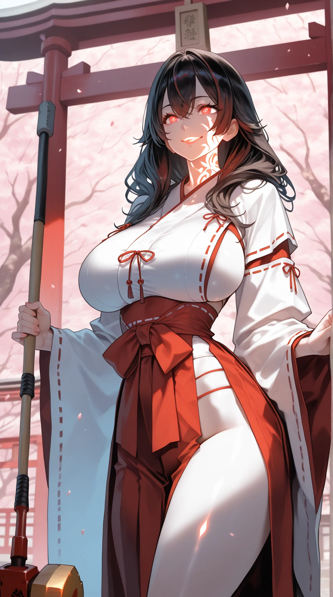 ((tmasterpiece))，(Best quality at best)，(A half body)，facing at camera，(ultra intricately detailed)，(Highest definition)，(8K)，(Clean lines)，(Perfect facial features，Perfect flesh)，(offcial art)，1girll，((Martial monks))，((Super super huge breasts))，naturey，grassy，fresh flowers，hermit，Natural affinity，Black messy hair，long whitr hair，Wooden sceptre，(Besticity)