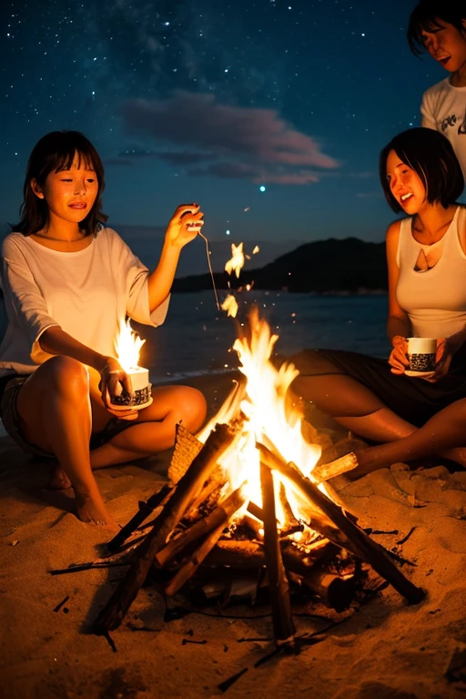 Starry Night、Bonfire、No lighting、Sandy beach, (sunflower hair accessory), beautiful 22 year old woman with short hair and long brown hair blowing in the wind, (flip flops), shot sitting down, 4人 other women in bikini swimsuits, best proportions, smiling, (natural breasts: 1.2), (summer camp, tent, tarp,)), night, (under the stars, around a campfire, playing guitar)), photorealistic, 4k, different hairstyles, face variations,