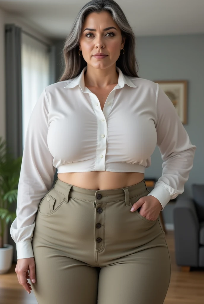 ((High resolution, high quality, high detail, masterpiece)), rough skin, anatomically correct, sharp, gray background ((Japanese MILF, 50 years old)), solo, shapely big breasts, Straight light brown hair that reaches to the shoulders, chubby body, (((standing upright from the front)), T-shirt, skirt, transparent T-shirt, no bra, transparent breasts, transparent nipples, transparent areola, necklace , earrings