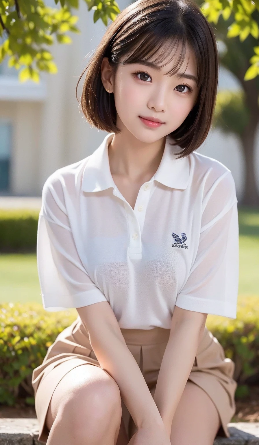 (Masterpiece, Best quality:1.3), (Ultra realistic, Photo-realistic:1.2), looking at each other, Natural light, 28 years old actress, Japanese beautiful 2 women, Neat and clean, (White damaged tennis uniform, White damaged short-sleeve polo shirt with darknavy line collar:1.1), (unbutton:1.3), (White damaged pleated skirt:1.1), white sock, (ponytail:1.2), (Beautiful faces), Oval face, clear, Beautiful eyes, Kind eyes, Clear skin, Small face, Beautiful mouth, Small mouth, Natural makeup, Approachable, (nsfw:1.1), Seductive smile, (Seductive pose:1.2), (Beautiful thighs:1.1), (Bedroom eyes:1.1), Embarrassed, Blush, Luxury hotel Suite room, On bed, obscene reality of girls, (lesbian couple , petting together:1.1), grabbing crotch, erotic touch, (arms behind back:1.2),