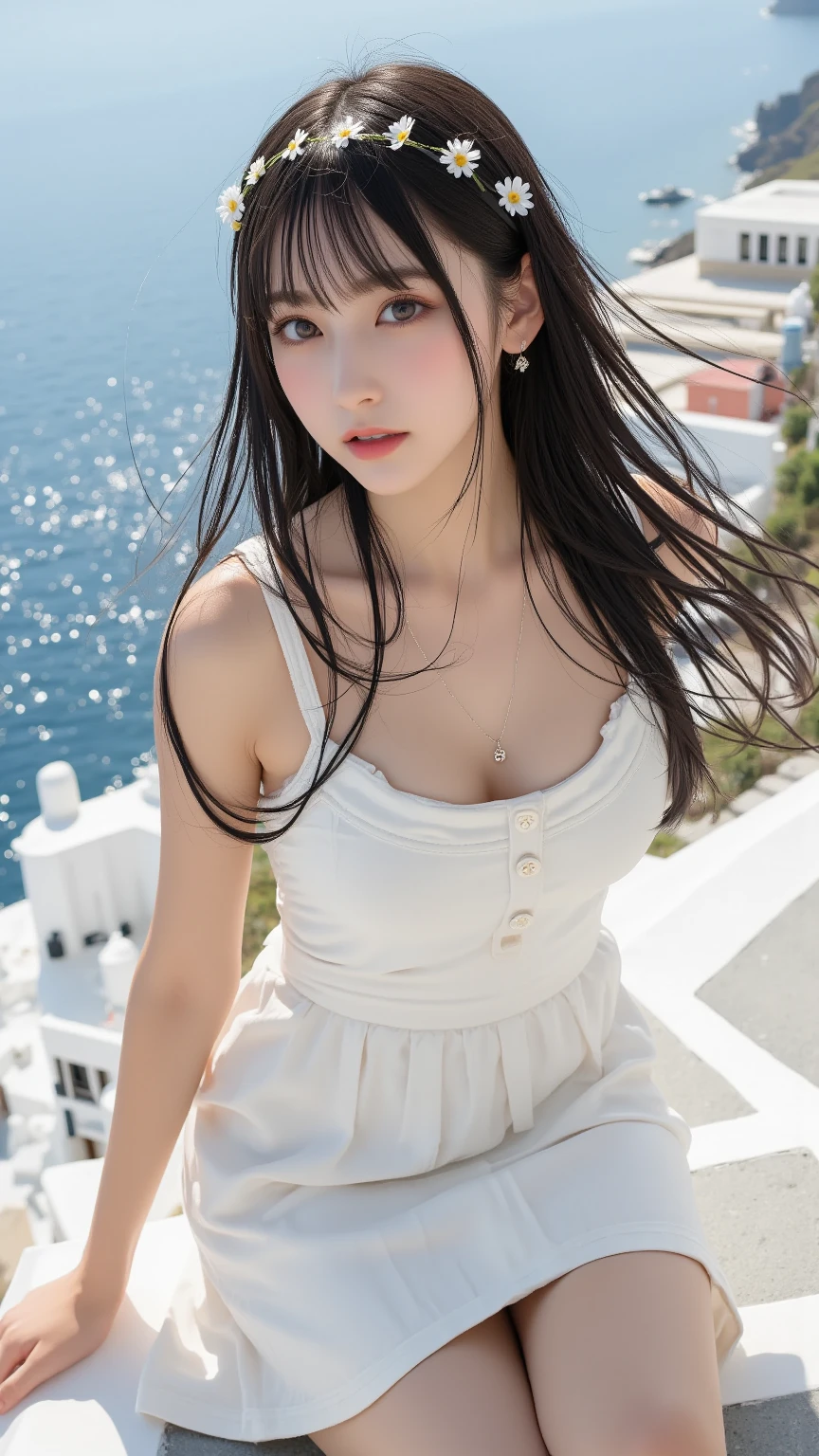 (((masterpiece:1.4, best quality:1.4, 8k, Ultra-high resolution, Photorealism, Physically Based Rendering))), Sharp focus, Full body portrait, full-body shot, Plane lighting, Super beautiful sexy woman, Very beautiful Japanese woman, Perfect body:1.1, 24 years old, Solitary, Delicate big eyes, delicate and thin eyebrows, Highlights, (((Brown Long Straight Low Half Updo:1.3, Hair behind the ears, Bangs))), (A strong wind blew her hair:1.4), Highly detailed face and skin texture, Slim beauty:1.4, ((sleeveless, 透明黑色紧身dress:1.5, Off-shoulder:1.5)), ((:1.6)), (Breast exposure:1.2), small areola, Narrow waist and slim abdominal muscles, (dress:1.6), (Detailed beautiful exposure, pubic hair:1.4), full-body shot, (Slender), No makeup, Clear facial features, Looking at the audience, (Smile:1.4, open mouth:1.1), (Raise your legs:1.2, Sitting,Push forward:1.3、Open your legs, Camel toe), (Front view), (Sunset), (Sky:1.2), (santorini:pearl of greece, The island is famous for its stunning white buildings, known for its colorful dome and spectacular Sunset:1.3),