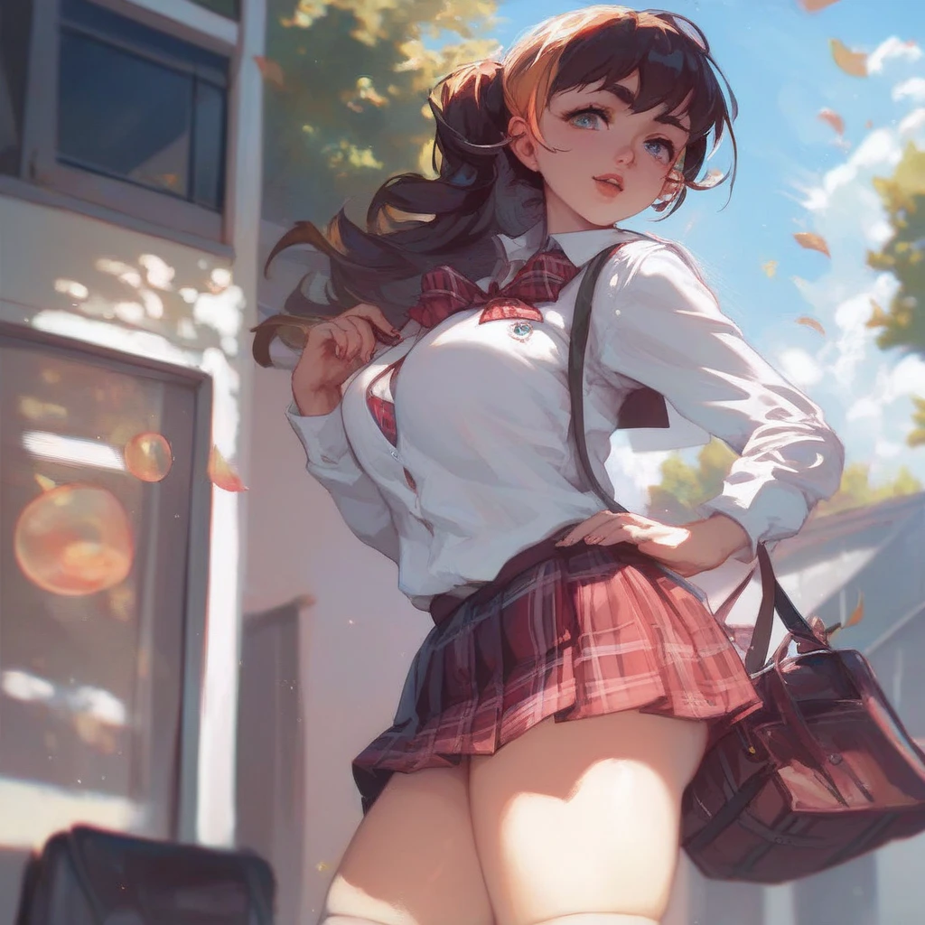 1 female,dark brown hair,long wavy hair、20 year old woman、private teacher、shy laugh、Beautiful Chuo University、white shirt,red dress,good style,,(facing the front)(((cheeks turn red、embarrassed look)),(((The wind blows up my skirt)))、(I can see all your pants)、Light pink lace panties、(long skirt:1.5)、(bring one hand to your ear:1.3)
