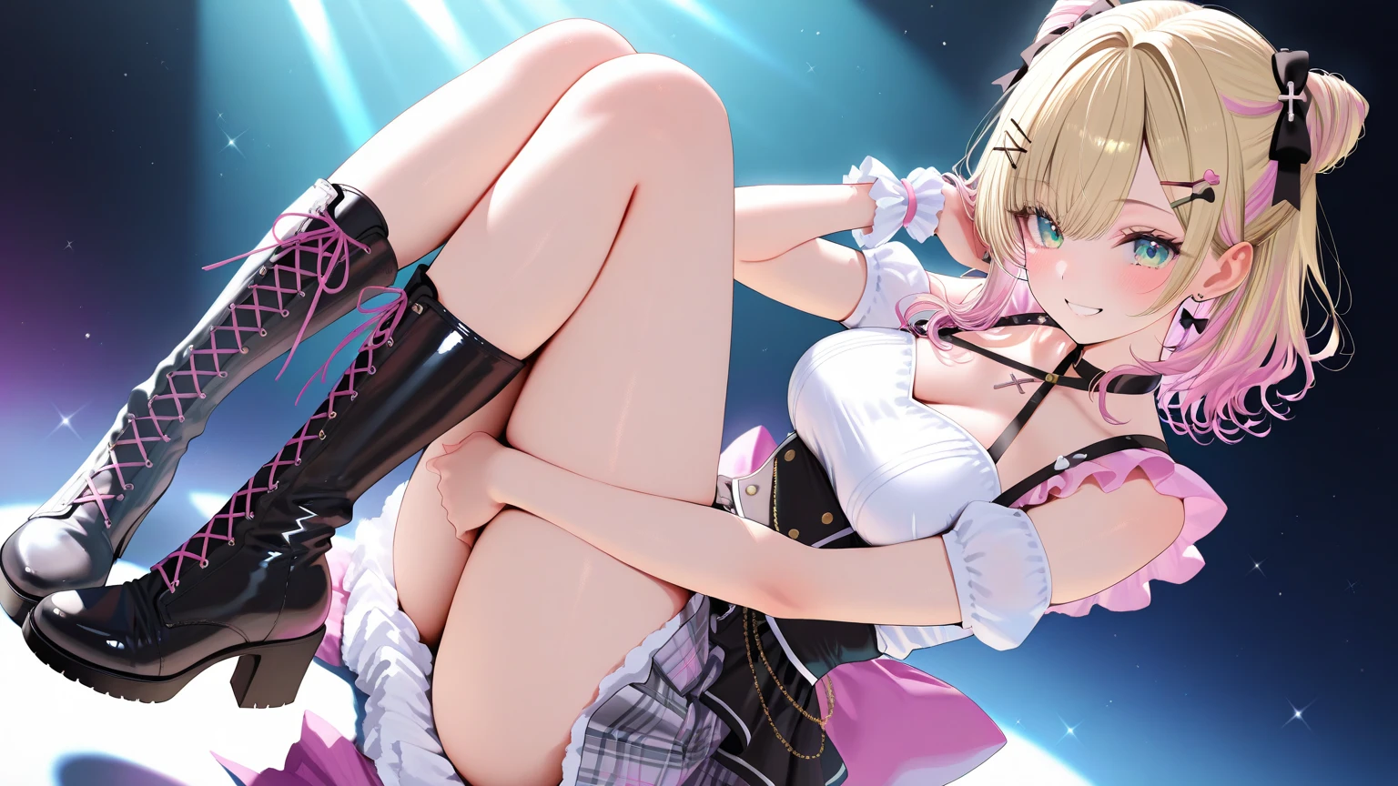 (((NSFW)))、Junior idol、14 years old、one girl、break,On the stage of the concert venue、break,Very racy idol style costume、((Navel exposure))、Skirt with multiple layers of horizontal lace frills、(Low waist skirt)、Super micro skirt length is only 4cm:1.9)))))、The mons pubis is also visible、break,Full view up to the base of the thighs、break,White over-knee socks that dig into your thighs、See-through、break,(((spread your pussy:1.6)))、Overflowing love juice、(((You can see the cervix deep inside the vagina)))、break,(legs open:1.5)、(((Anus opened to the limit:1.4)))、