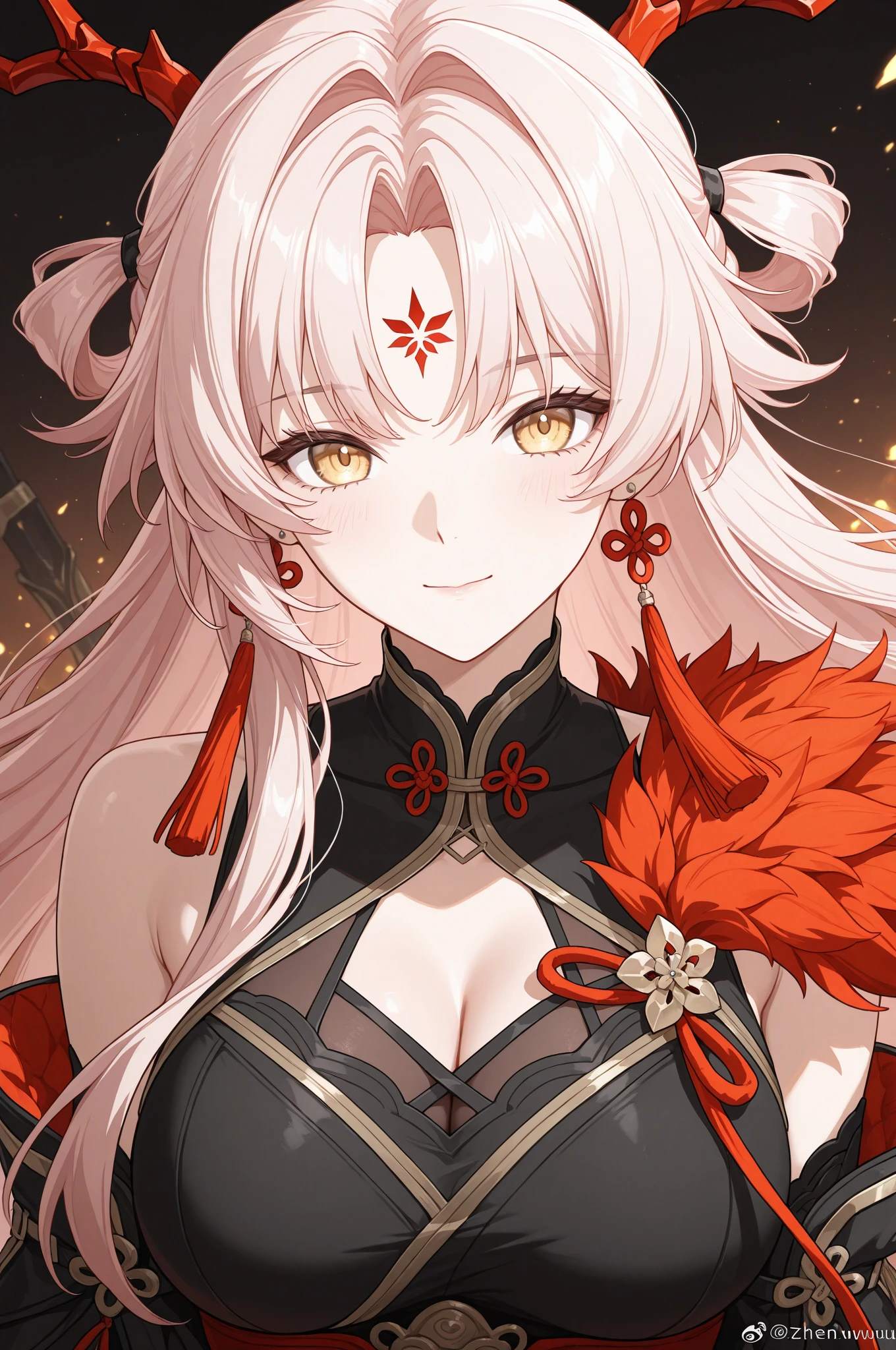 masterpiece, (realistic), highres, highly detailed, intricate, beautiful woman, red eyes, cute smile, oni horns, tomoe gozen, detailed face, samurai, japanese armor.