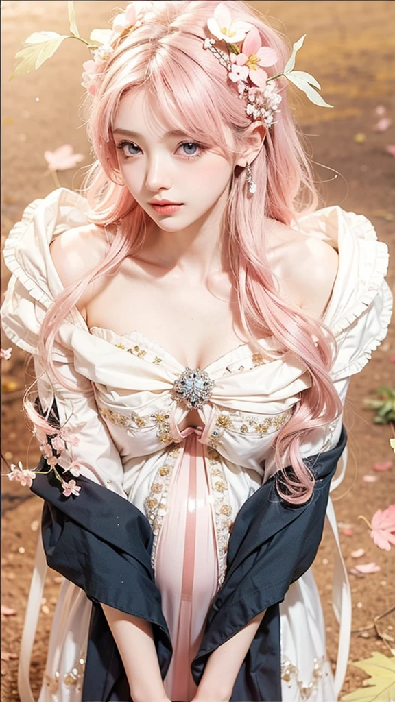 Light pink hair, pink eyes, pink and white, sakura leafs, vivid colors, white dress, paint splash, simple background, ray tracing, wavy hair