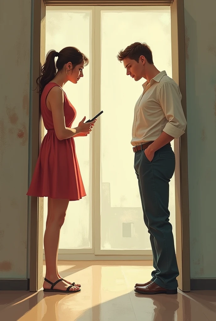A young man wearing a white half shirt, black jeans, white shoes and a smart watch opens the glass door of his office from outside and a young woman wearing a red top, black jeans, white shoes and specs opens the door from inside.