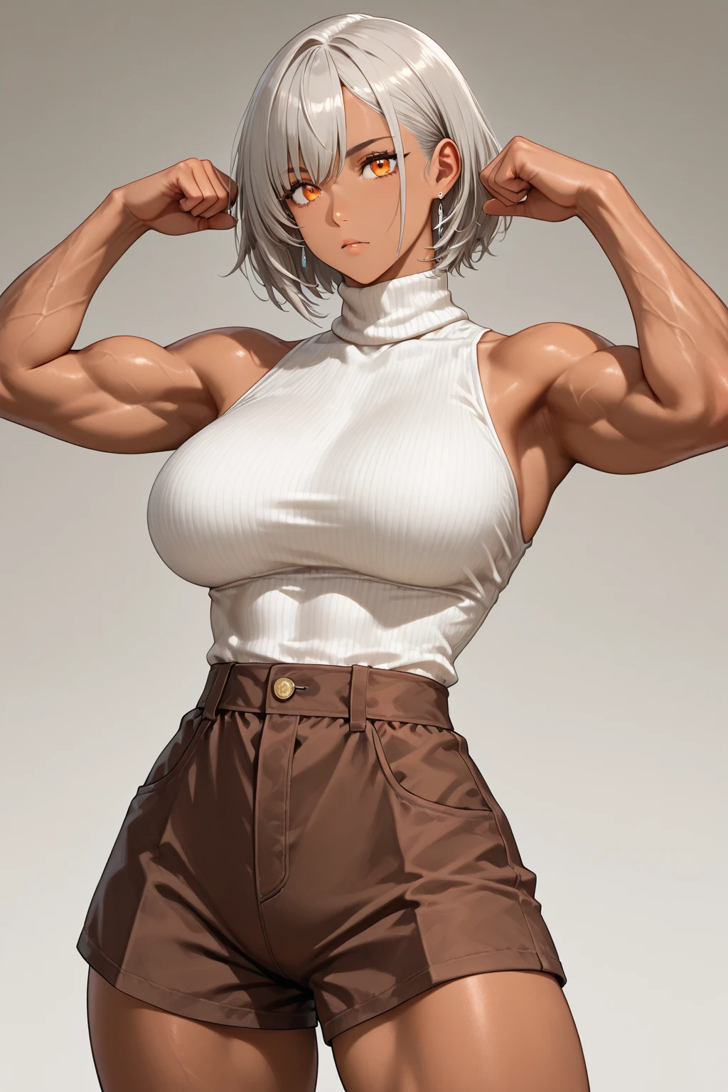 lndswgnr_v1.0, (Sharp focus: 1.5), (sharp focus:1.2), anime, attractive young woman, (beautiful face:1.1), very fit, thin, strong, huge biceps, flexing, long sleeve shirt, tight shirt, veins