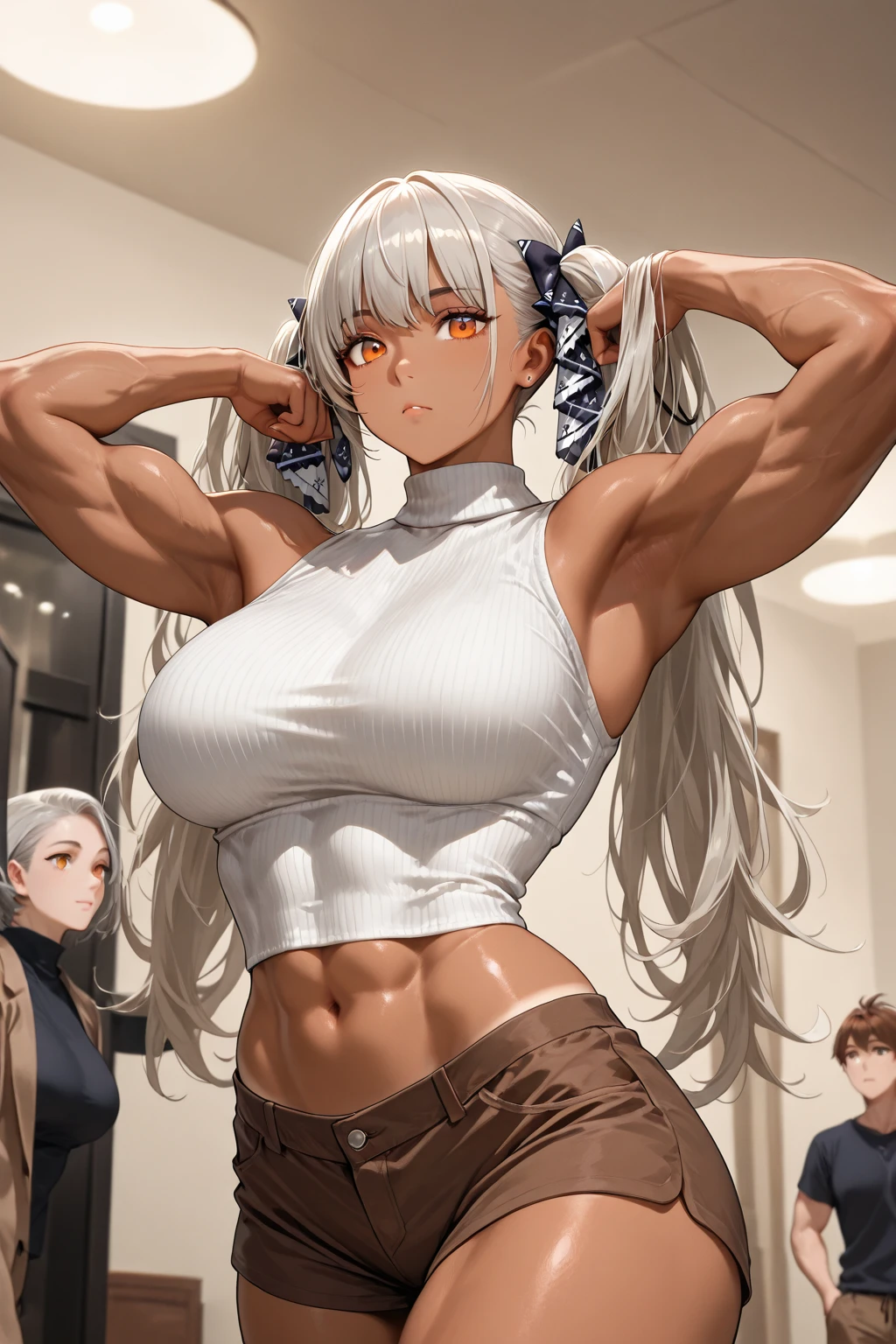 Masterpiece, hi res, absurdres, Best Quality, 4K, detailed, 1girl, female, Mature woman, large points wolf ears on top of head, wolf tail, yellow eyes, stoic face,emotionless,Mature face, tall, black micro bikini, black thong, ragged jeans, long elbow length white hair, prominent lips,toned body,abs, thick woman,thick body, huge breasts, close to viewer,no shirt, topless