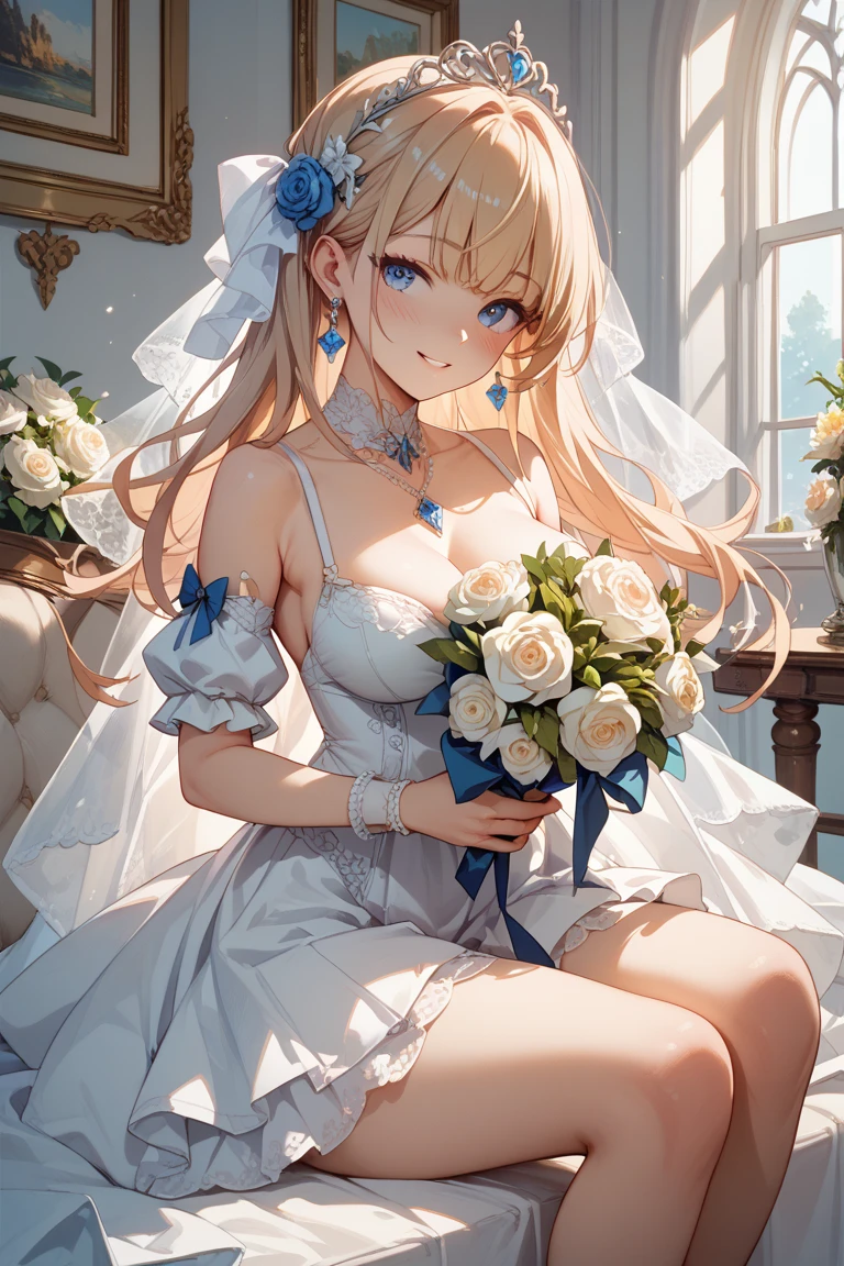 ((masterpiece)), (((best quality))), ((ultra-detailed)), ((illustration)), ((disheveled hair)), ((frills)), (1 girl), (solo),alternative costume,blue flower, blue rose, blush, bouquet, breasts, bridal veil, bug, butterfly, choker, cleavage, clothing, crown, dress, female, flower, frilled dress, frills, full body, gloves, headdress, headwear, insect, jewelry, large breasts, long hair, necklace, petals, rose, smile, tiara, veil, (Trailing wedding dress:1.4), white dress, white gloves,gray_hair,blue_eyes,Bare_Feet,Feet,Sitting,Crossed_Legs,rating:safe,