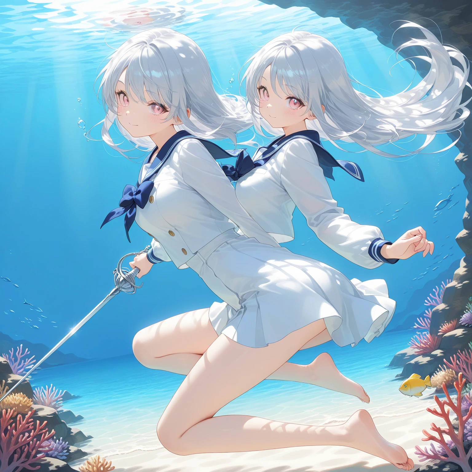 2girls, standing_split,standing solit, full body, standing_on_one_leg, masterpiece, best quality, very aesthetic, absurdres, ,under sea,floating_hair,