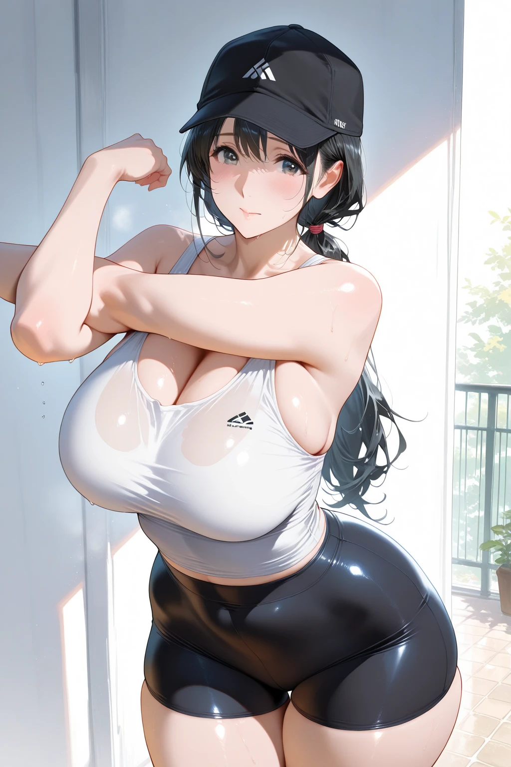 gym, workout, hot, sweating, sweaty, tan, big , tan skin, flustered, blush, purple clothes, see thru, yoga pants, black hair, soaked, wet, naked , curvy, purple yogapants, purple pants, ponytail, , massive , curvy, sexy, massive ,sitting , sitting on hoga mat, doing yoga, yogapose, cute