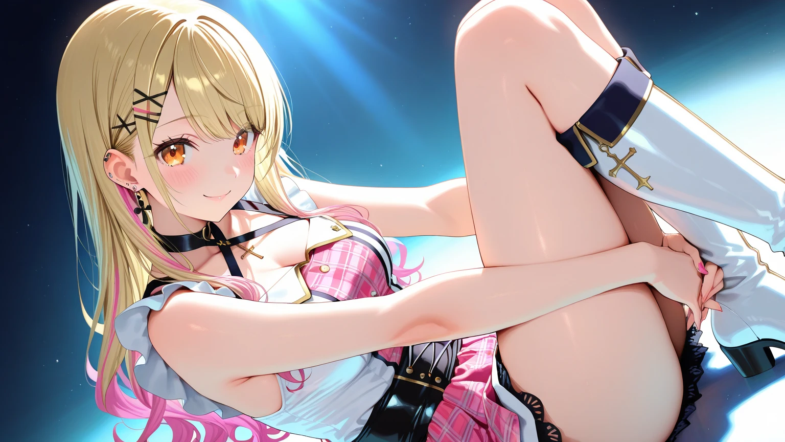 hbrtsukasa, long hair, white bikini, white hair ribbon,
looking at viewer, looking down, frome below, sleepy eye, smile, teeth, sitting, knee up, presenting toe, foreshortening, foot, legs, thighs,
outdoors, dynamic angle, beautiful purple sunset, 
(masterpiece:1.2), best quality, high resolution, unity 8k wallpaper, (illustration:0.8), (beautiful detailed eyes:1.6), extremely detailed face, perfect lighting, extremely detailed CG, (perfect hands, perfect anatomy),