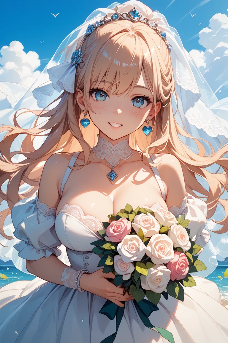 (((Best quality, 8k, Masterpiece: 1.3)), ((best quality)), ((masterpiece)), (detailed), woman、Blonde、Close ~ eyes、Wedding dress、church、Sunny sky、The best smile、Tears of joy overflow、Zoom in on face