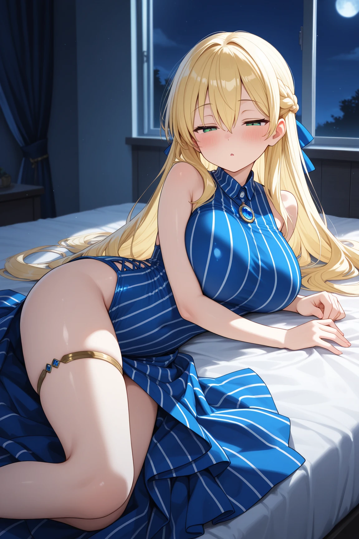 (very close up:1.5) (crawling on fours:1.1) (drenched in milk:1.2) (pool of milk between breasts:1.1) (1girl) (adult woman) (naked:1.1) (topless:1.1) (in bed) (loving look:1.4) (golden halo) choker, night, dark cozy bedroom, large breasts, very thin waist, Long HAIR, (blonde hair), original HAIR style, Dynamic Angle, (detailed face:1.1) (dynamic lighting), (gold leaf bracers on arms) (gold leaf hair piece) (elaborate bright blue diamond necklace) (bright blue diamonds on bed) (bright blue diamonds in hair) (stunning beautiful bright blue diamond eyes:1.3) (bright blue eye color gradient:1.3) (detailed eyes:1.1) (blushing) (heavy breathing:1.4)