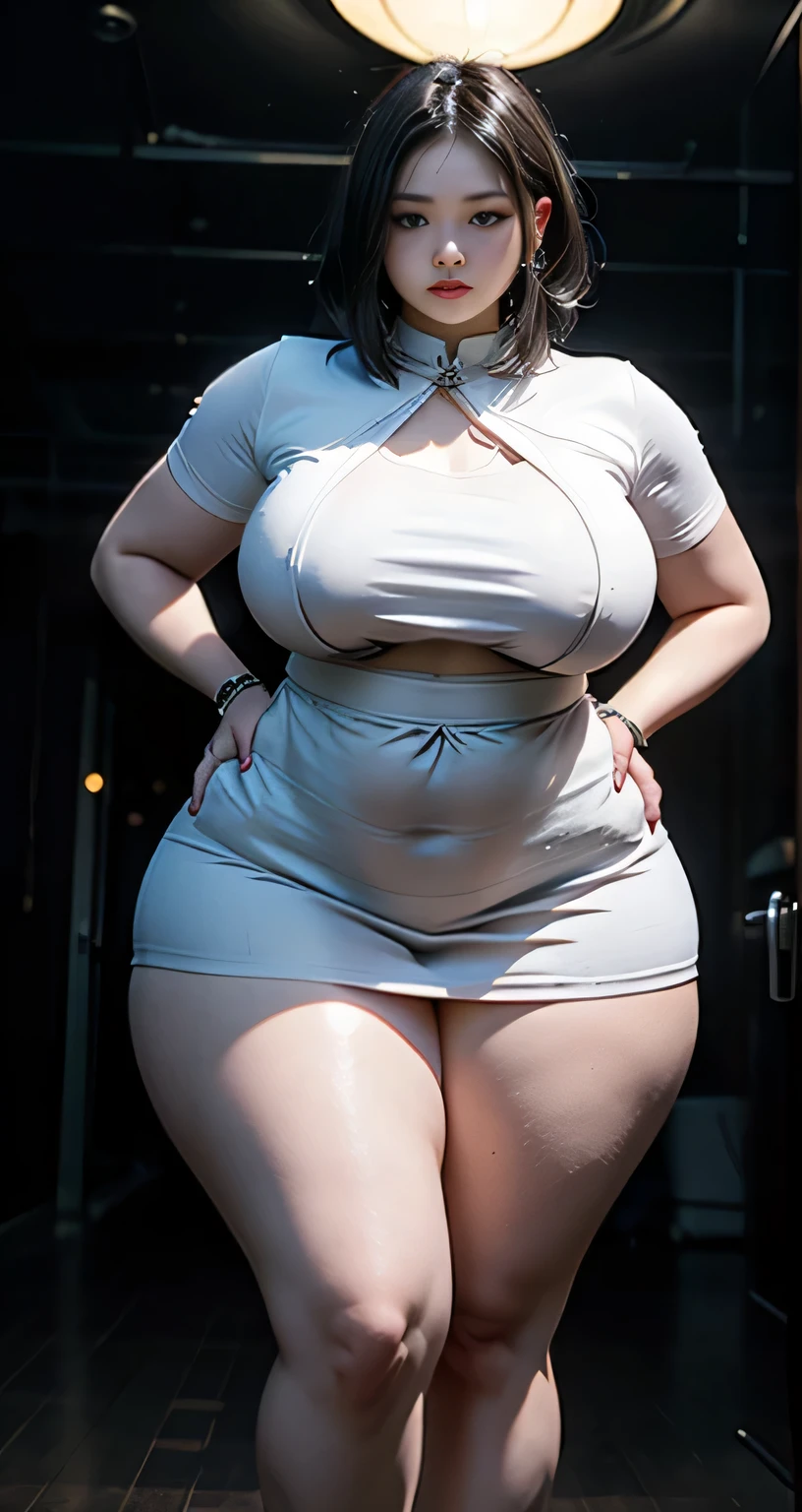 ((best quality)), ((masterpiece)), (detailed), perfect face, chubby woman, chubby face , chubby girl , widest hips , fat belly , thick neck ,, thicc , thick body , thick thighs , thick arm, small breasts but her body is a chubby, full body view, dark-black room, black bokeh background, thight dress, wearing sneakers, short hairstyle, diamond necklace, wearing a watch, tall woman, restore face, white skin , longest thight pants , glasses , cold vibes, , 4k resolution, japanese goddess 