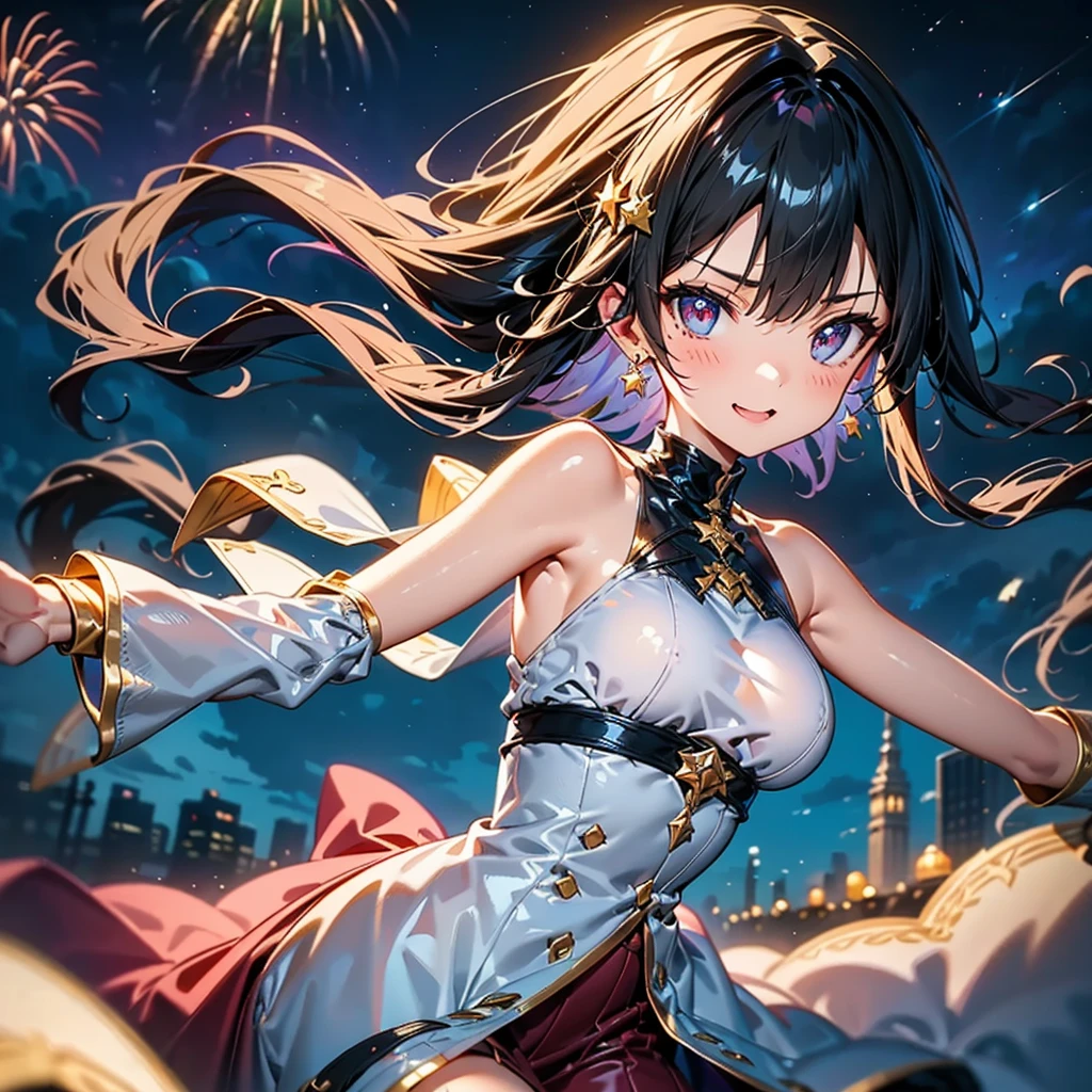 Anime style beutiful woman, 1girl,fullbody, happy, (with sparkling eyes and a contagious smile:1.2), red face, closed mouth, beautiful detailed eyes, super detailed skin, backlighting, bare shoulders, black background, black dress, black gloves, black hair, breasts, dress, earrings, fingerless gloves, floating hair, floral print, flower, gloves, gold earrings, gold hairband, hair flower, hair ornament, hairband, holding, holding weapon, jewelry, large breasts, long hair, looking at viewer, off-shoulder dress, off shoulder,red eyes, short hair with long locks, sidelocks, solo, spikes, thighs, two-sided dress, two-sided fabric, weapon, fighting stance , face, close up, from above, highest quality, high resolution,Real World, Natural light,perfect Natural light,looking at viewer,
