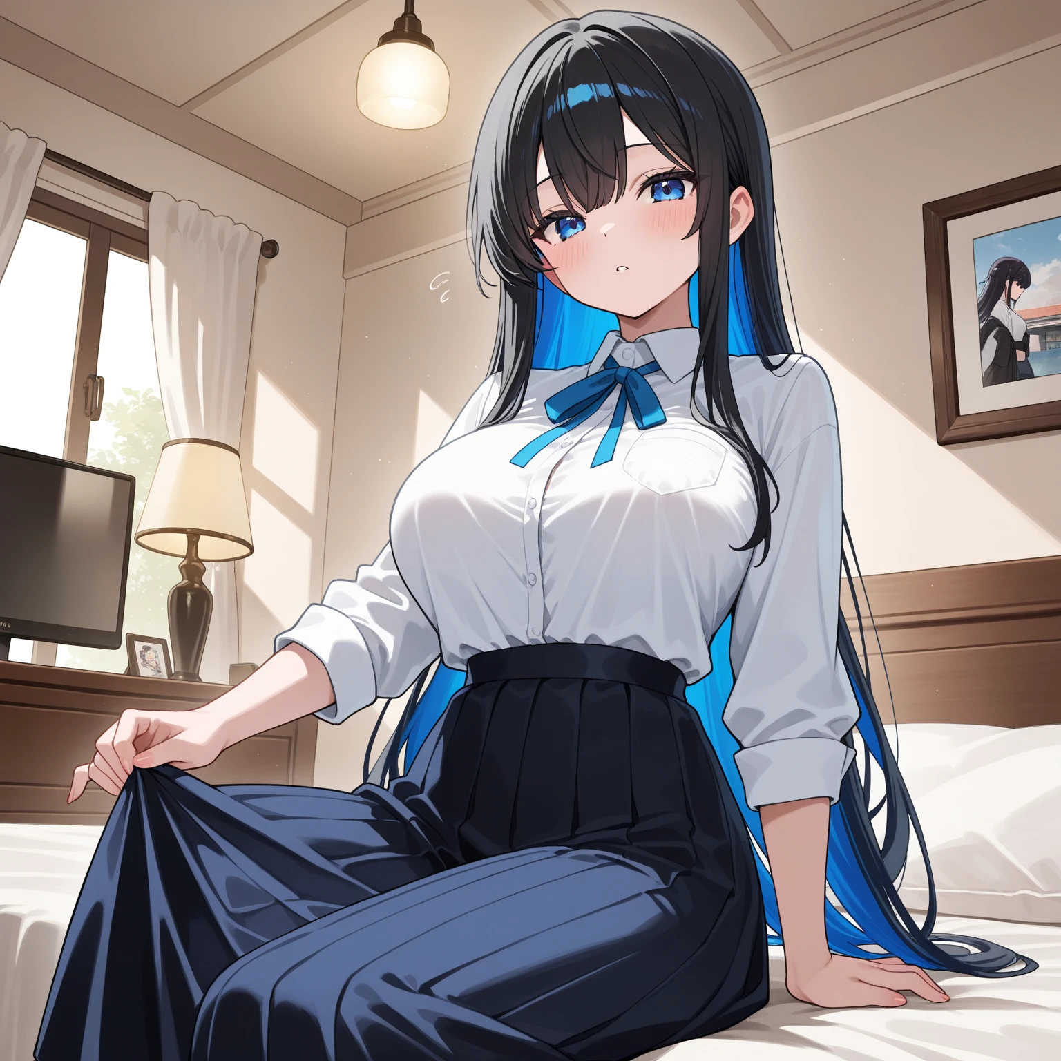 unas mujeres, mariposa azul, pelo azul, ojos rosados, vestido azul