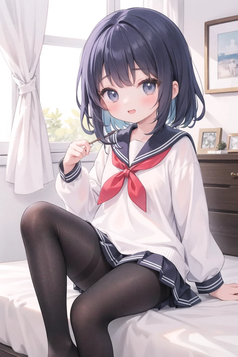 roxymigurdia, roxy, ahoge, black ribbon, blue eyes, blue hair, braid, hair between eyes, hair ribbon, long hair, twin braids, very long hair,
BREAK black legwear, black skirt, capelet, jacket, brown jacket, long sleeves, miniskirt, open clothes, open jacket, pleated skirt, skirt, white capelet, white footwear, white jacket,
BREAK looking at viewer,
BREAK outdoors, city,
BREAK (masterpiece:1.2), best quality, high resolution, unity 8k wallpaper, (illustration:0.8), (beautiful detailed eyes:1.6), extremely detailed face, perfect lighting, extremely detailed CG, (perfect hands, perfect anatomy), little, (white panties:1.5), groin, perineum, thighhighs, (spread legs, knee up:1.5), blush, smile, medium breasts, sitting, on bed, cowboy shot, my room