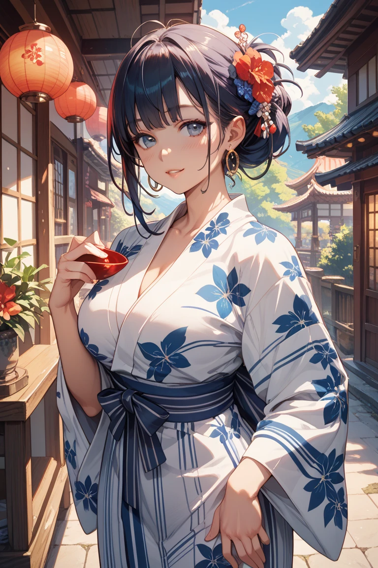 最high quality、Best image quality、masterpiece、With a girl((cute、20-year-old、Best Bust、Medium Bust、Beautiful Blue Eyes、Spread your chest wide,Black Hair、ponytail、Disheveled Hair、thin、Highest Valley、Red yukata、)）high quality、Beautiful art、background((night、festival、stall、Fireworks、Beer )),Tabletop、Exquisite design、Visual Arts、Written boundary depth、Best lighting、Highest detail、8ｋ