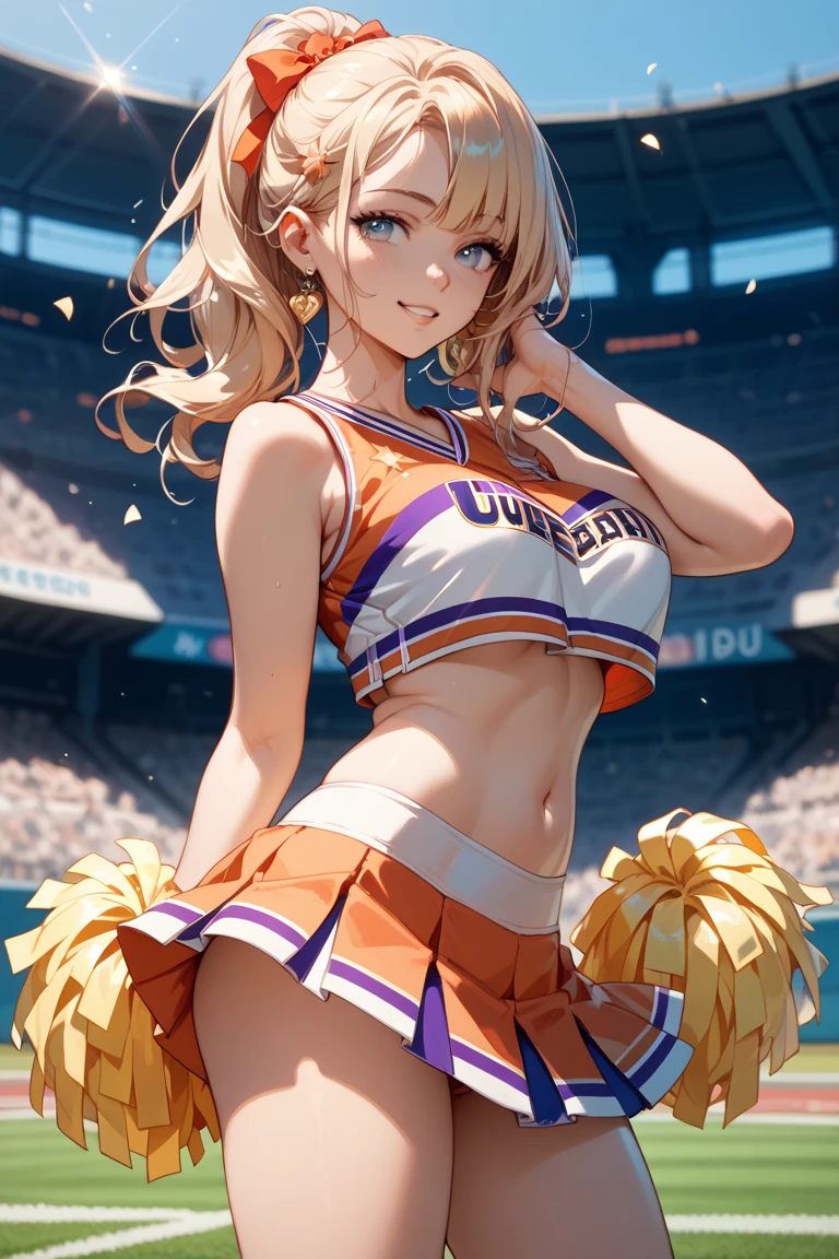 masterpiece, Lily Kokoschka , best quality, best quality, ultra-detailed, highres,sharp focus,(ultra detailed,extremely detailed), 1girl,(masterpiece, best quality), Kanavan, 1girl, solo, medium hair, blonde hair, red eyes, (((vibrant colors,vibrant theme))), cheerleader, (holding pom poms), pom pom \(cheerleading\), 1girl, Pink hair, choker, orange shirt, orange skirt, pleated skirt, pom pom (cheerleading), sleeveless, u.a. cheerleader uniform, midriff, crop top, navel, short hair, bare shoulders, miniskirt, skirt, shirt, sleeveless shirt, Embarrassed, embarrassment, covering chest, blushing, sweating, sweat, mouth open, reluctant, uncomfortable, hands covering chest ,happy,big head,large breasts,peace sign,BREAK