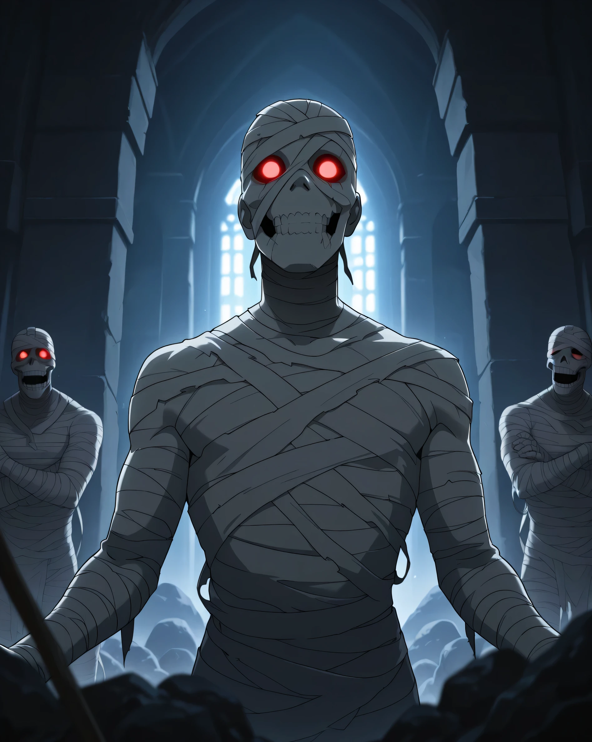 score_9, score_8_up, score_7_up, best quality, detailed face, detailed background, maximum detail, beautiful face, beautiful eyes, very aesthetic, absurdres, perfect lighting, nsfw, anime coloring, tomb, male undead mummy, wrapped, red glowing eyes