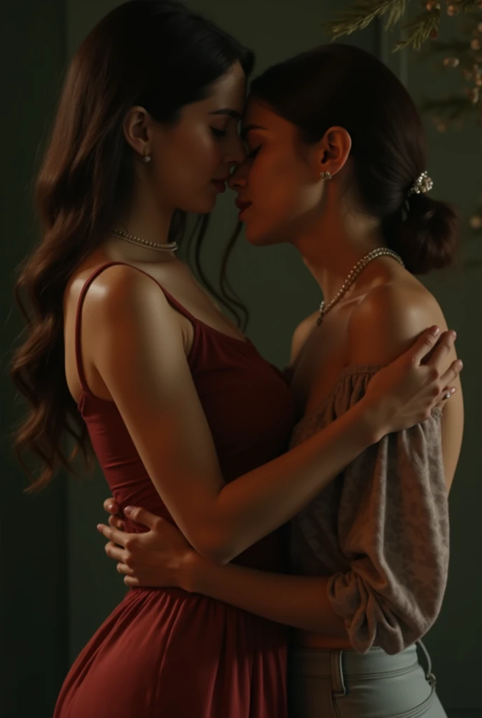 a man and a woman standing next to each other on a music band festival stage, an image, inspired by Adam Dario Keel, which is trending in the cg community, beautiful young Korean woman dressed in a red long dress movie screencap, model elisajes from acquamodels