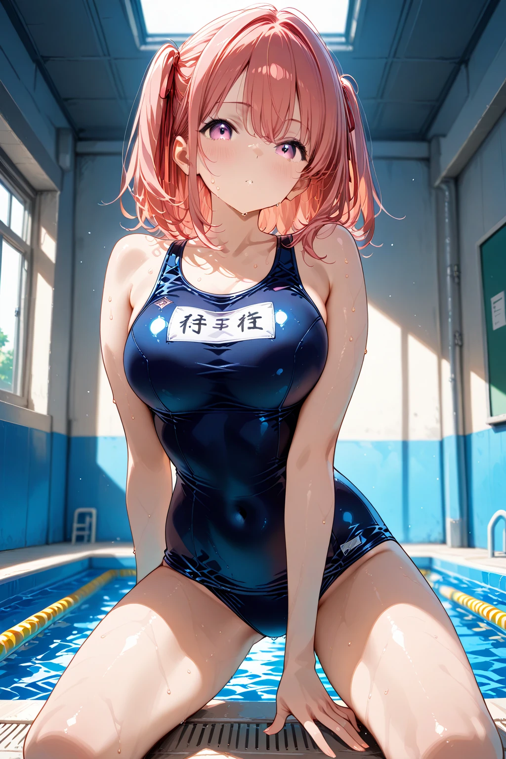 ((Masterpiece)),((high resolution)),((Best Quality)),Anime illustration,(((1girl))),,(wavy hair),(short hair),(pale pink hair color),small ponytail,Red eyes,(Big round eyes),((tareme)),15 years old,((loli face)),((very big breasts)),Short stature,,one-piece swimsuit,smile,Ladylike,Pool,