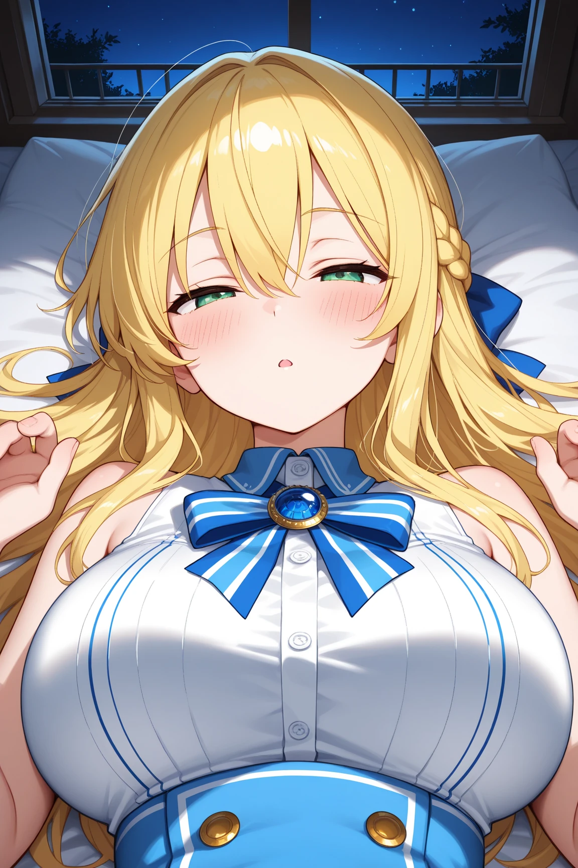 Artoria Pendragon　((Big Tits))　((Highest quality))　Love Hotel　From above　Sleep on the bed　Poses that accentuate the chest　Spread your legs　Large areola　Shy expression　Hentai Seduce　  ((nude))  　Nasty body　Married Woman　Female in heat　Seeding　Expanding the female genitals　Restraint of arms above the head　Beautiful long blonde hair　Clear jade green eyes　SEX  Oppai 　during sex　Insert the male organ　Breast milk production
